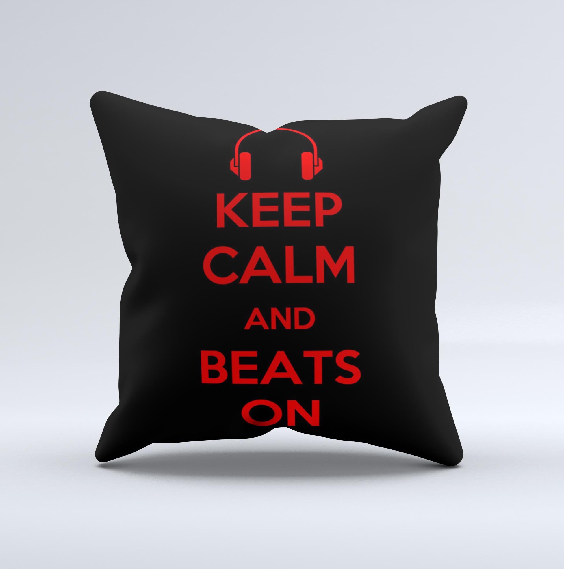 A vibrant red decorative throw pillow with the phrase 'Keep Calm & Beats On' in stylish ink-fuzed design, showcasing its handcrafted quality.