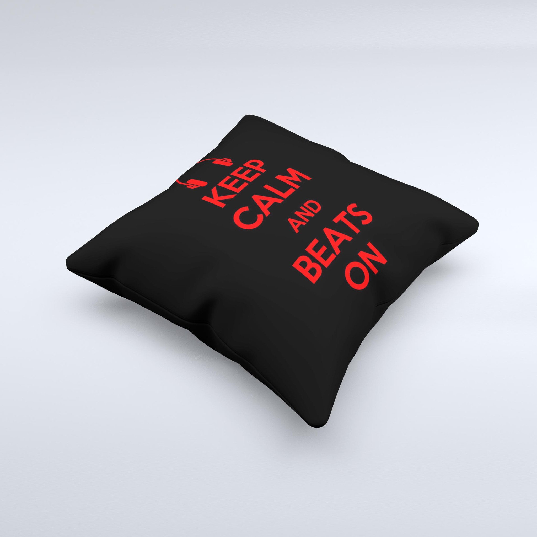 A vibrant red decorative throw pillow with the phrase 'Keep Calm & Beats On' in stylish ink-fuzed design, showcasing its handcrafted quality.