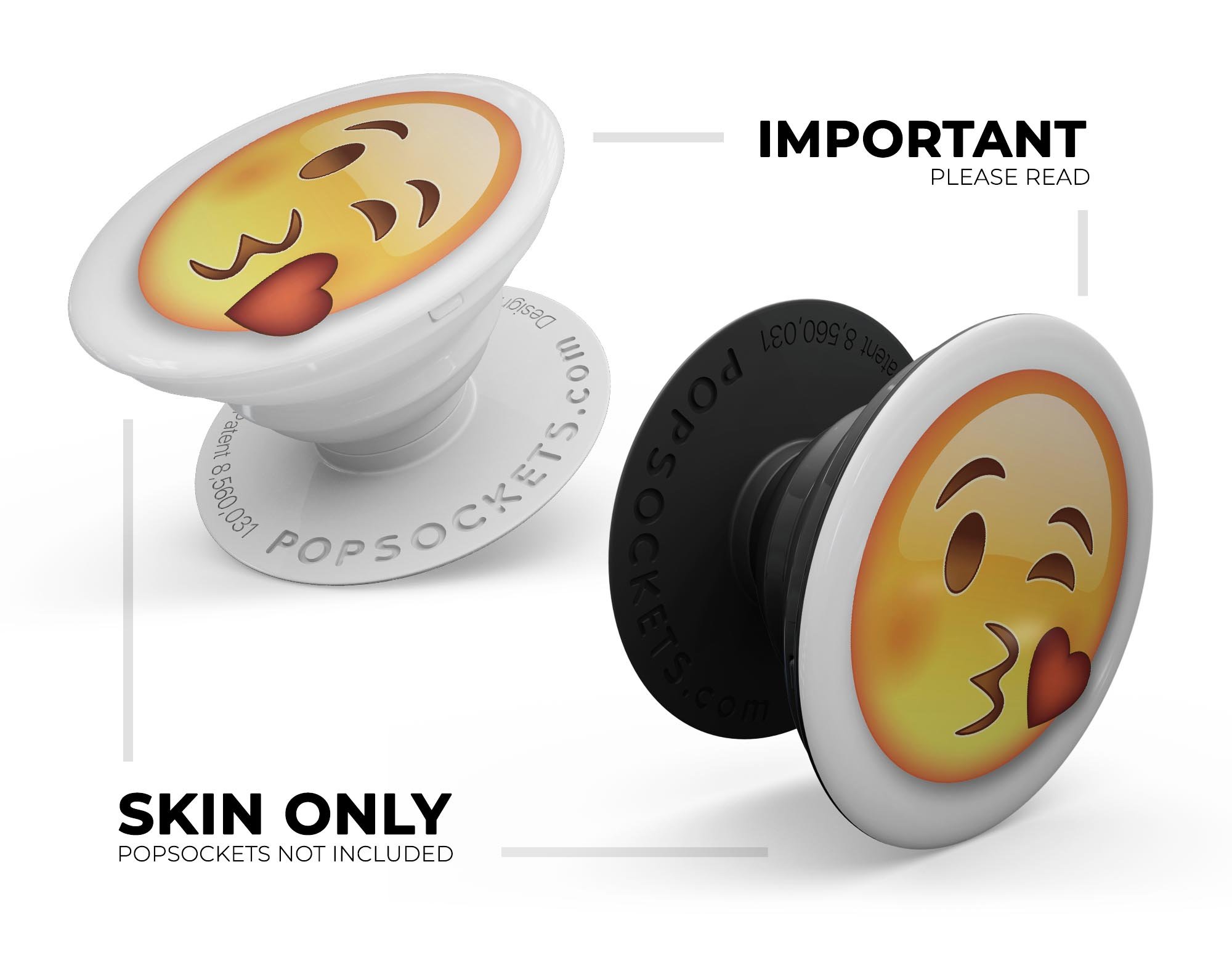 Kiss Emoticon Emoji Skin Kit for PopSockets, featuring a vibrant design on premium vinyl.