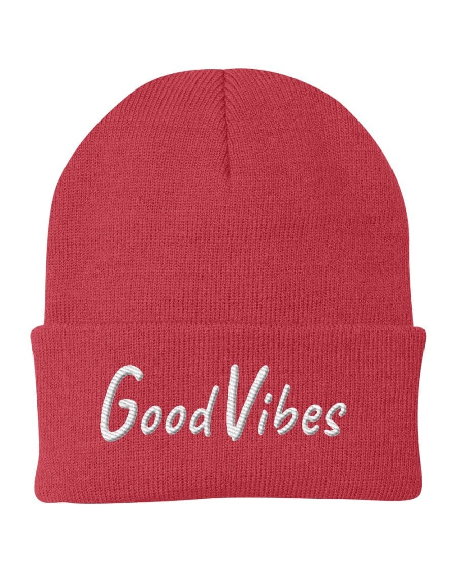 Knit Beanie Cap with Good Vibes embroidery, showcasing a stylish and cozy design suitable for all.