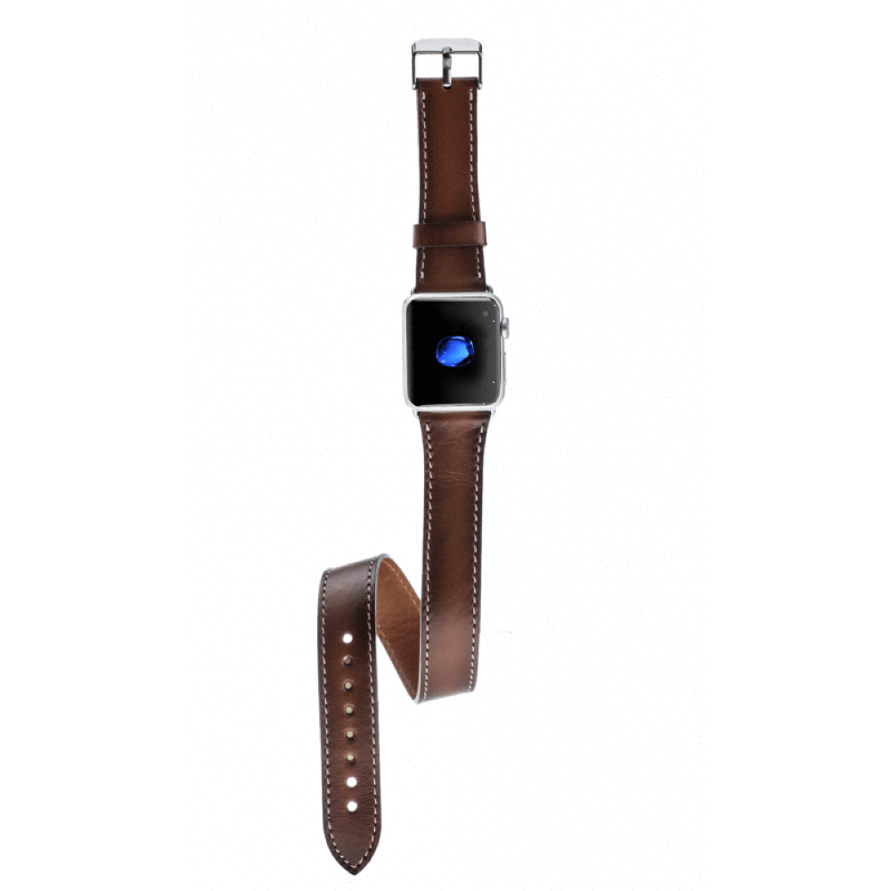 Lancaster Double Tour Classic Apple Watch Leather Strap in premium leather with stainless steel buckle, showcasing its elegant design.