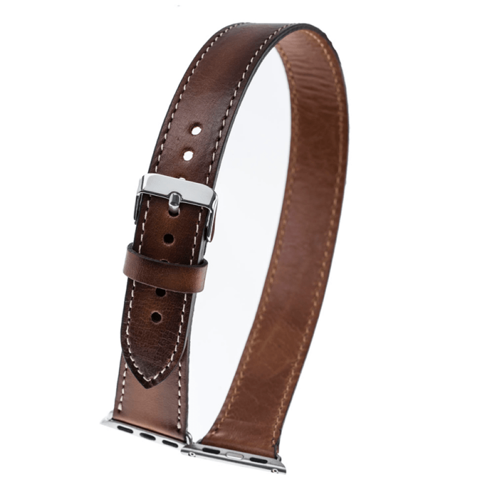Lancaster Double Tour Classic Apple Watch Leather Strap in premium leather with stainless steel buckle, showcasing its elegant design.