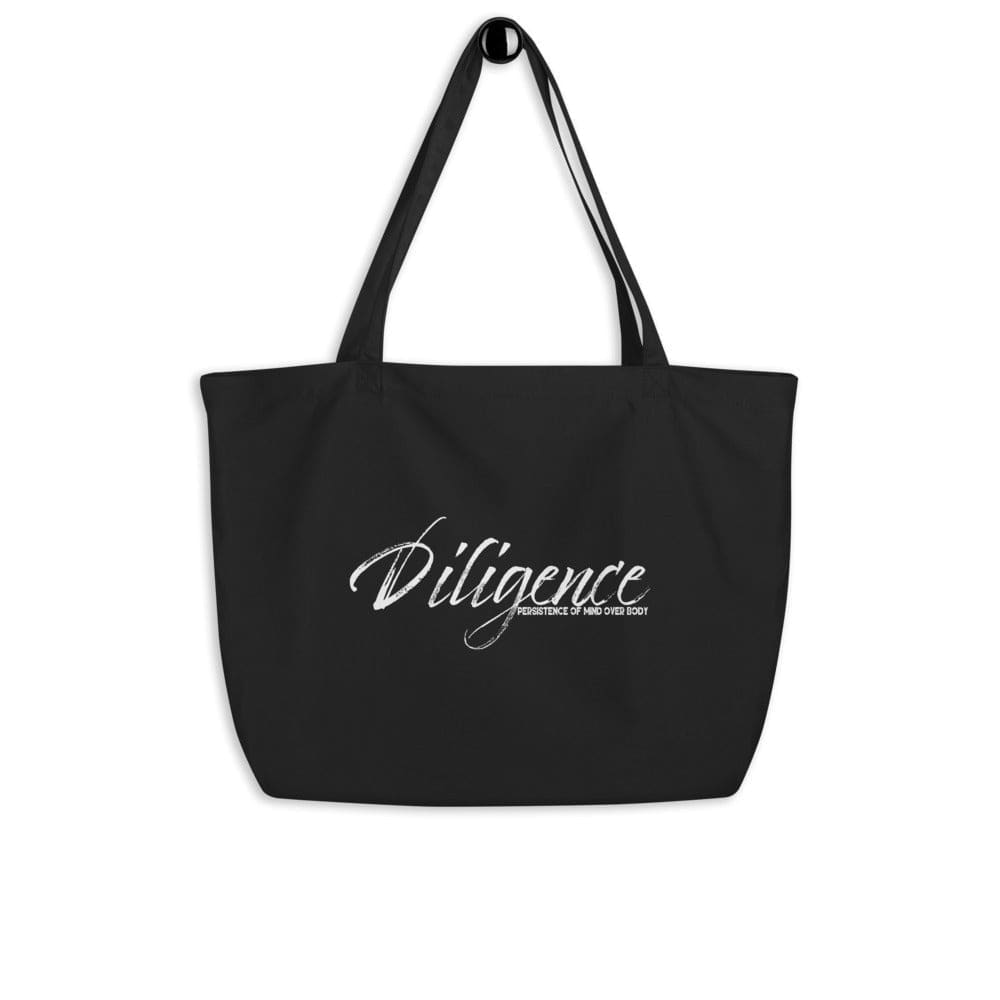 Large black tote bag with inspirational print, featuring dual straps and spacious design, perfect for various activities.