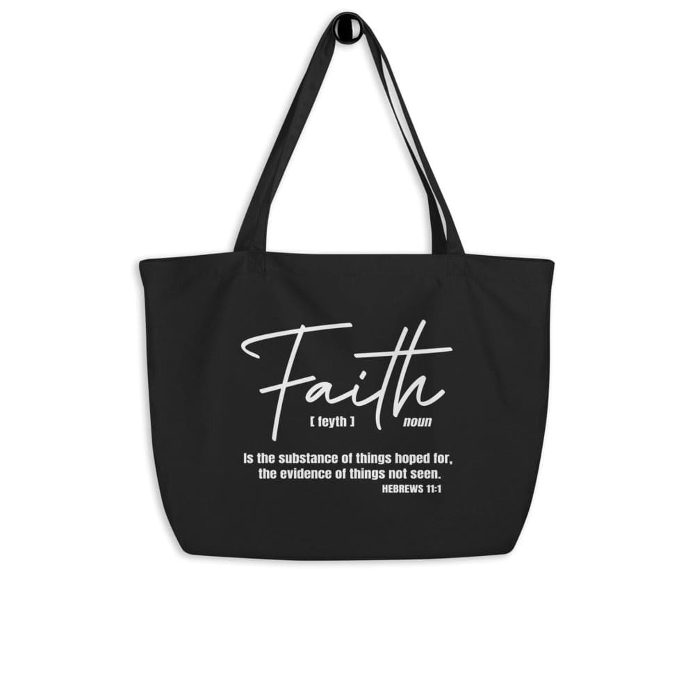 Large black tote bag made of durable cotton with faith inspirational print, featuring dual straps and spacious interior.