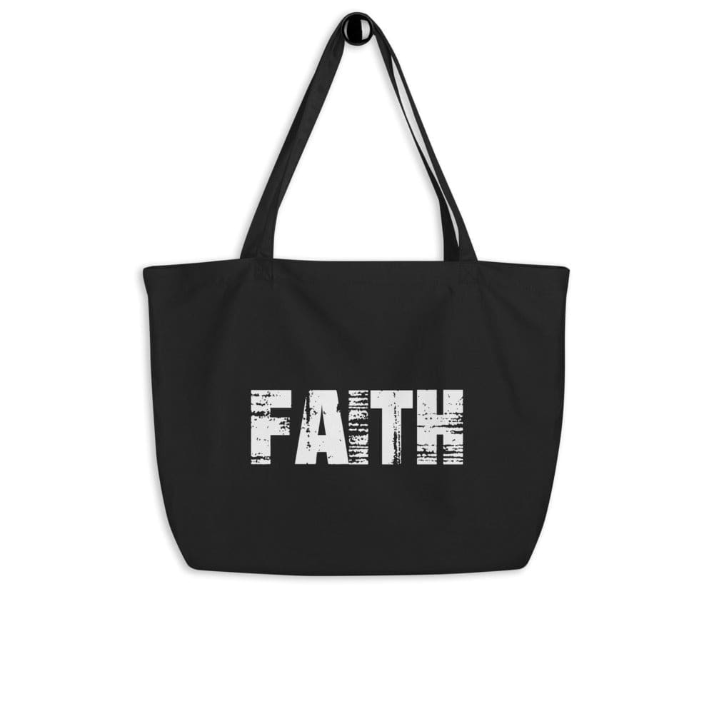 Large black tote bag made of durable cotton with faith inspirational print, featuring double handles and spacious design.