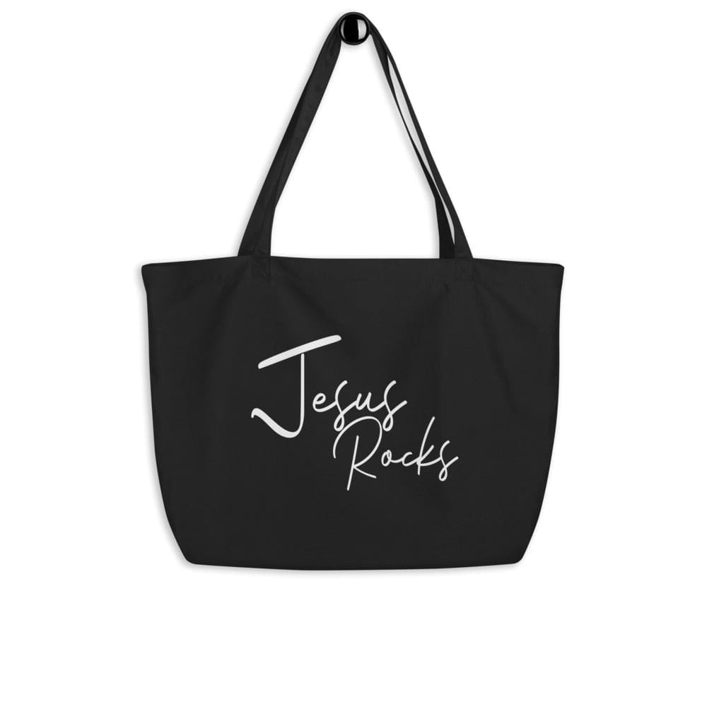 Large black tote bag with Jesus Rocks inspirational print, featuring durable cotton material and spacious design.