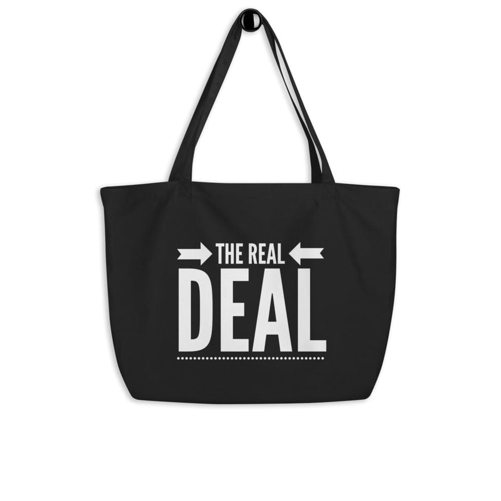 Large black tote bag made of durable cotton twill with inspirational print, featuring long dual straps and spacious open compartment.