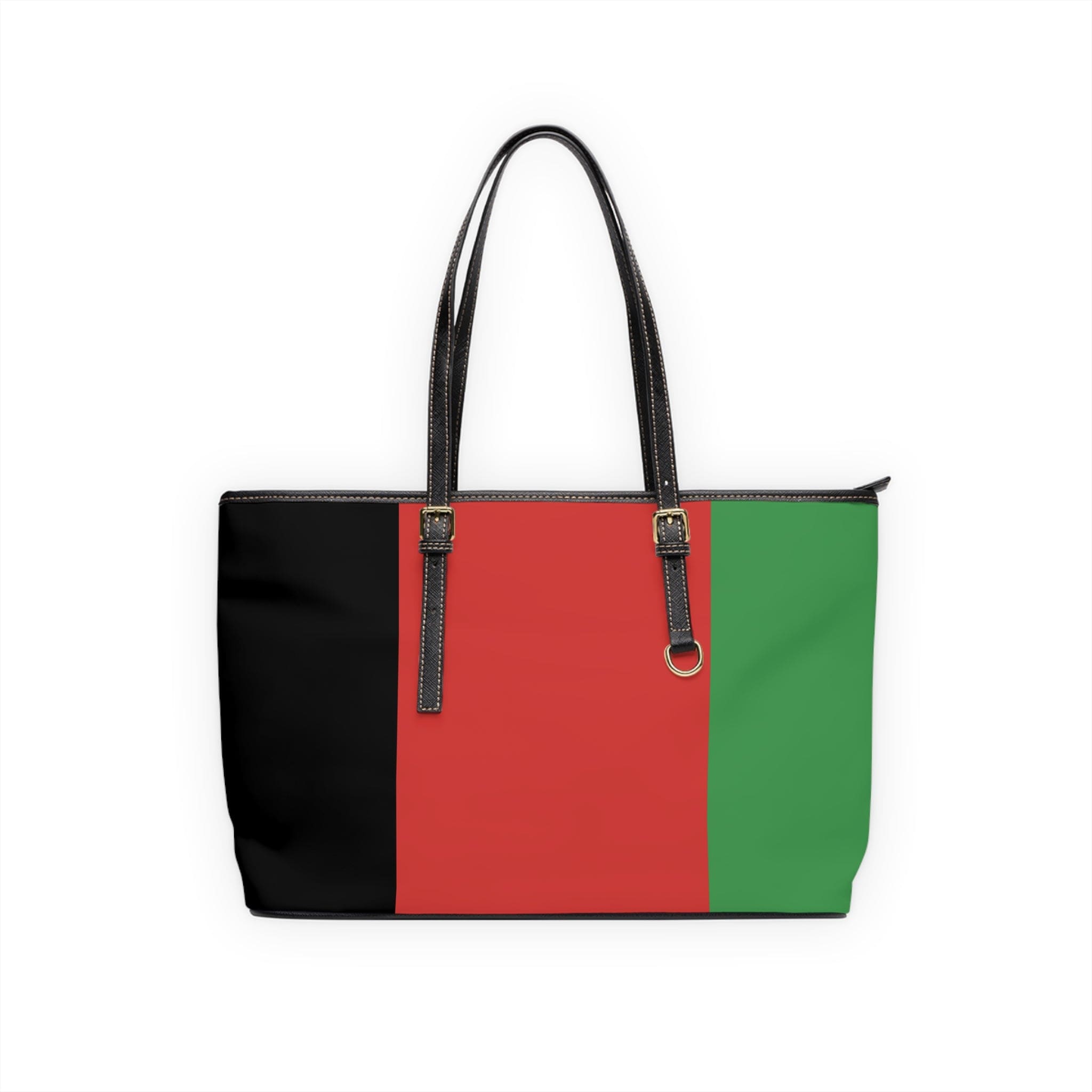 Large Leather Tote Shoulder Bag in black, red, and green stripes, showcasing its spacious interior and adjustable straps.