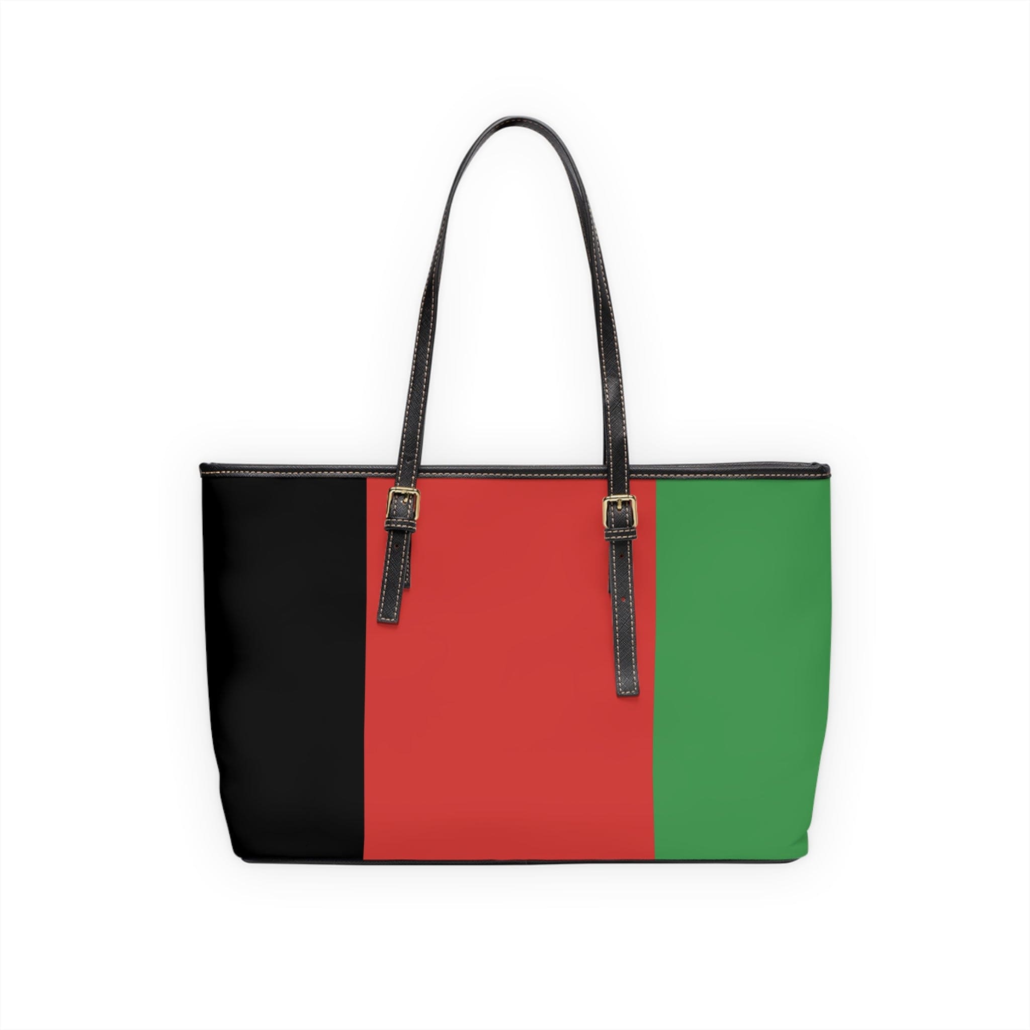 Large Leather Tote Shoulder Bag in black, red, and green stripes, showcasing its spacious interior and adjustable straps.