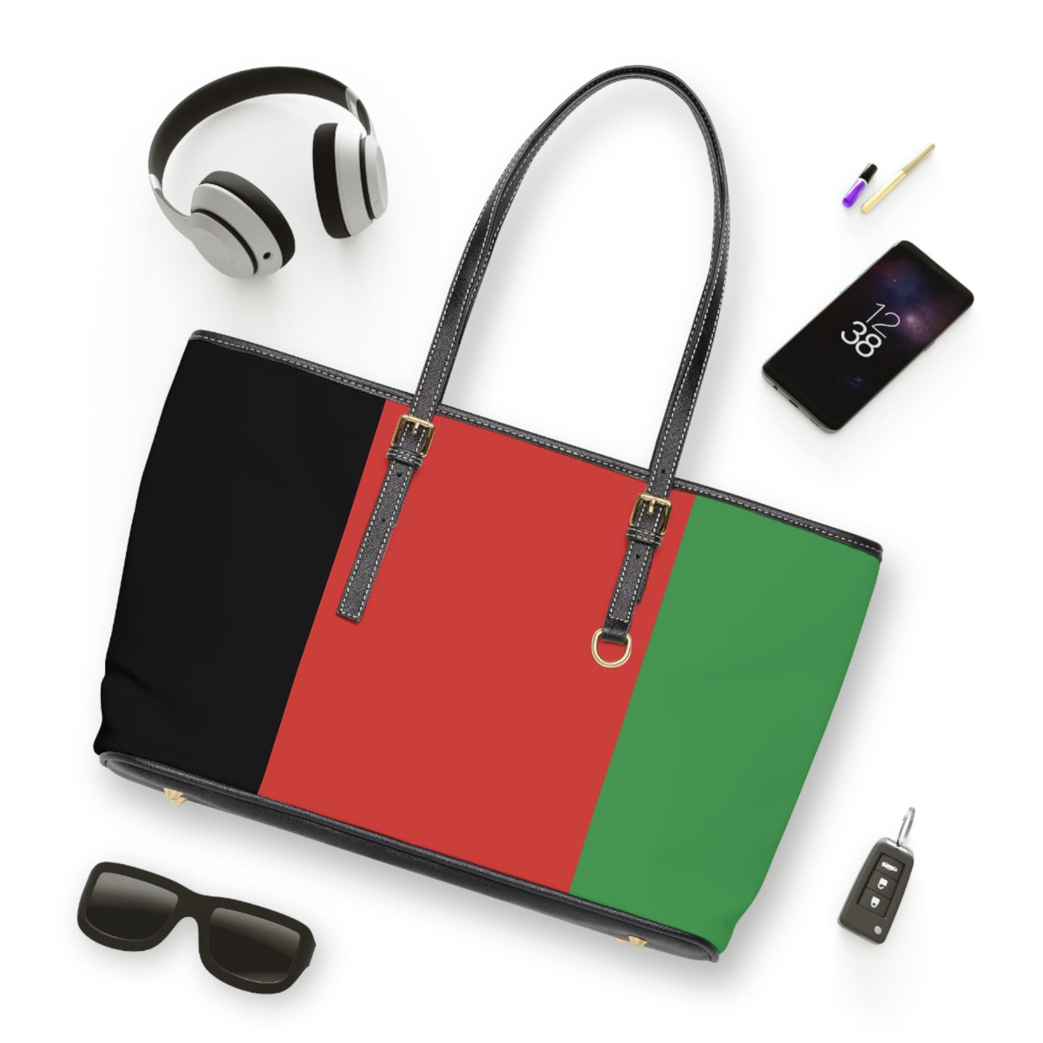 Large Leather Tote Shoulder Bag in black, red, and green stripes, showcasing its spacious interior and adjustable straps.