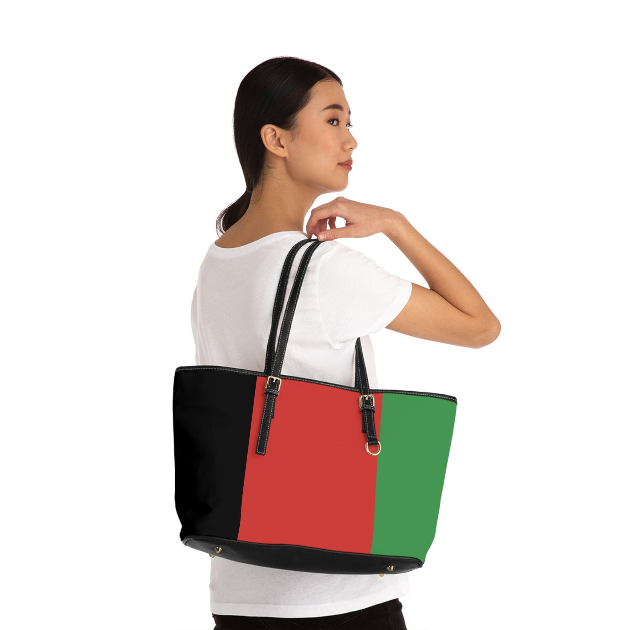 Large Leather Tote Shoulder Bag in black, red, and green stripes, showcasing its spacious interior and adjustable straps.