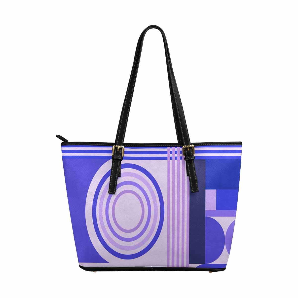 Large Lavender Purple Leather Tote Shoulder Bag with geometric circular design, featuring adjustable straps and zipper closure.
