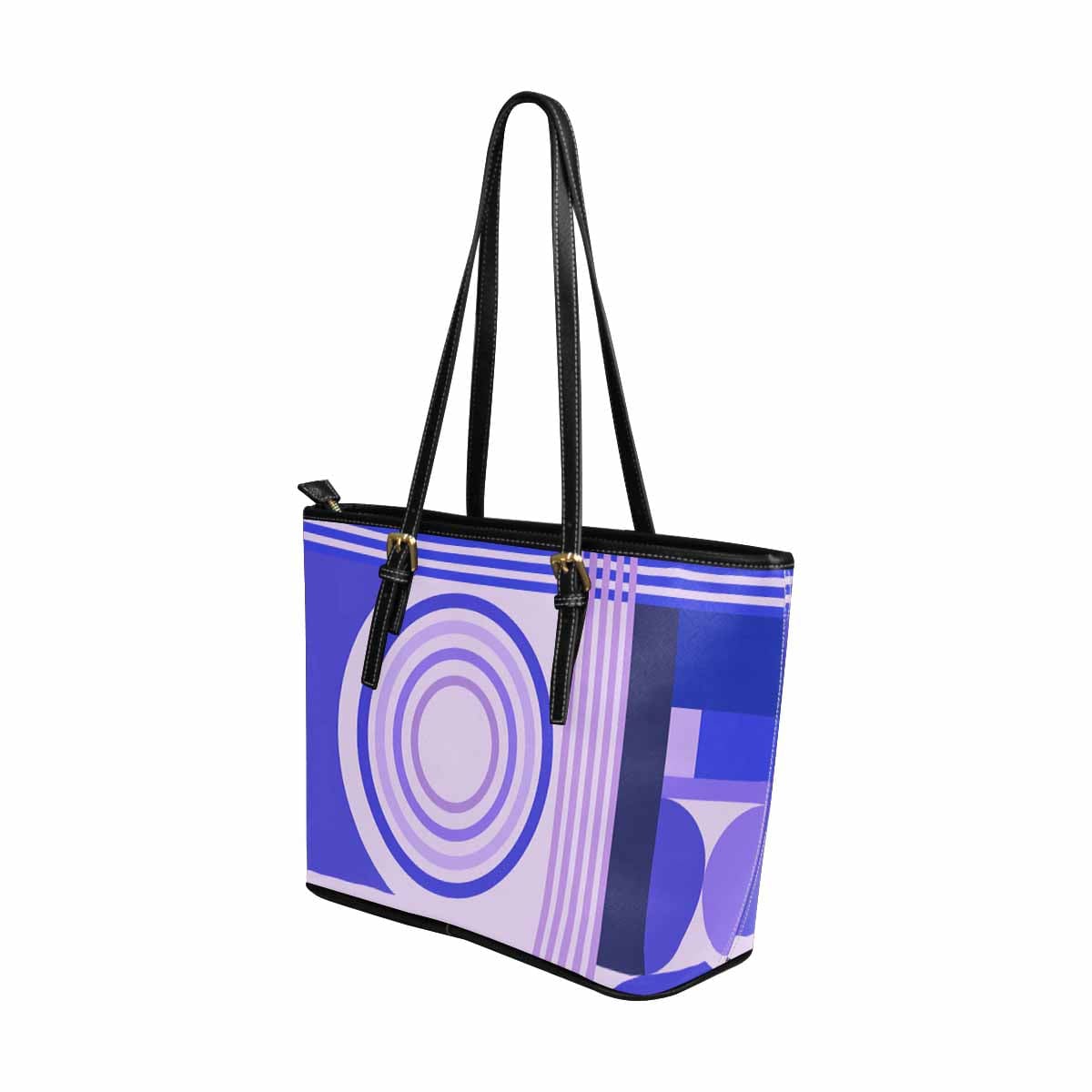 Large Lavender Purple Leather Tote Shoulder Bag with geometric circular design, featuring adjustable straps and zipper closure.