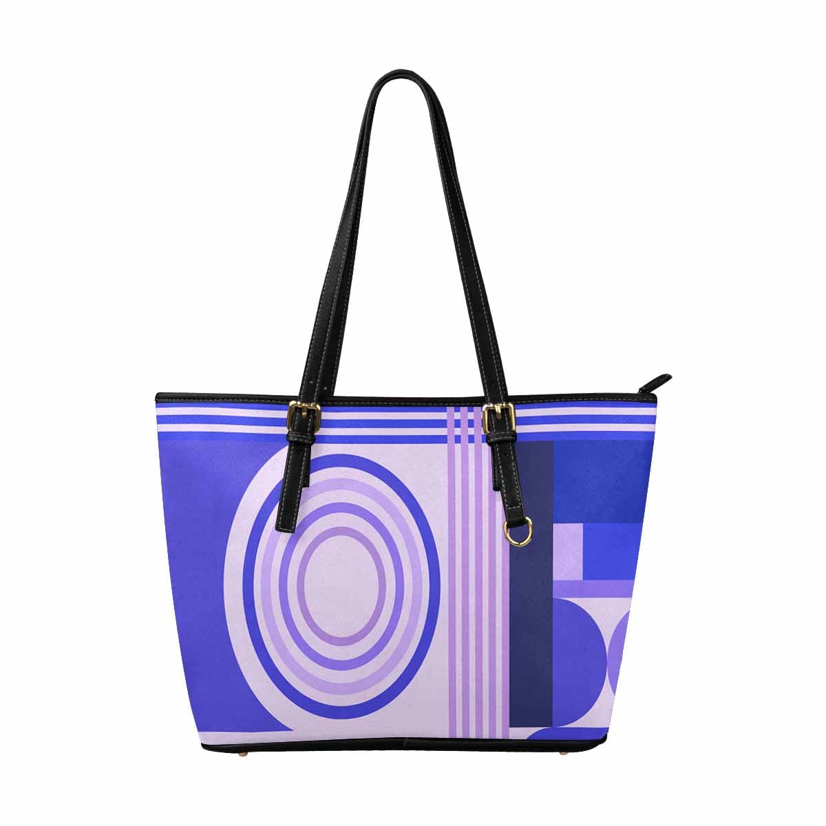 Large Lavender Purple Leather Tote Shoulder Bag with geometric circular design, featuring adjustable straps and zipper closure.
