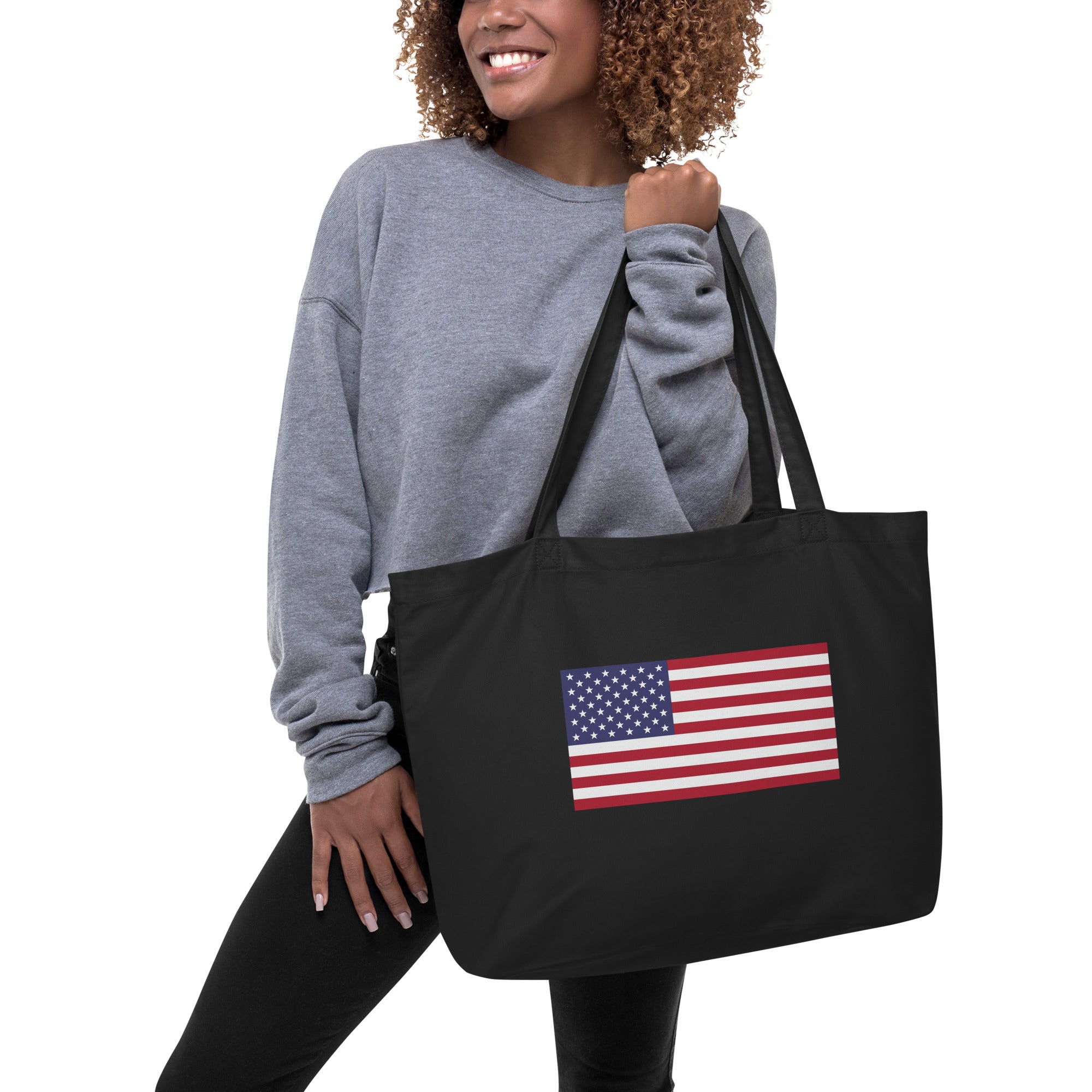 Large Organic Cotton Tote Bag featuring a vibrant Stars and Stripes USA Flag print, spacious and eco-friendly design.