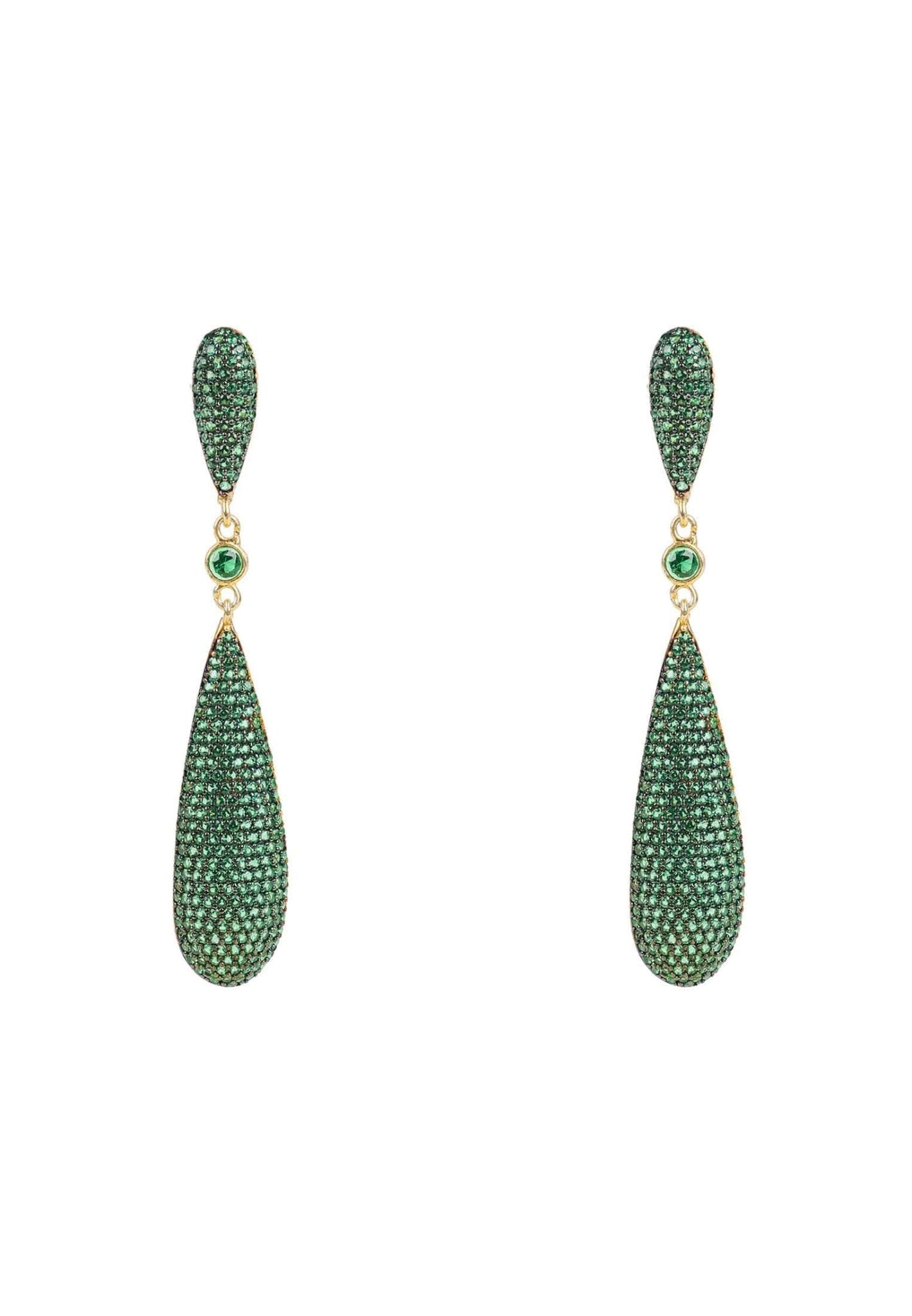Latelita Long Drop Earrings featuring emerald green cubic zirconia stones, handcrafted with 925 sterling silver and 22ct gold plating.