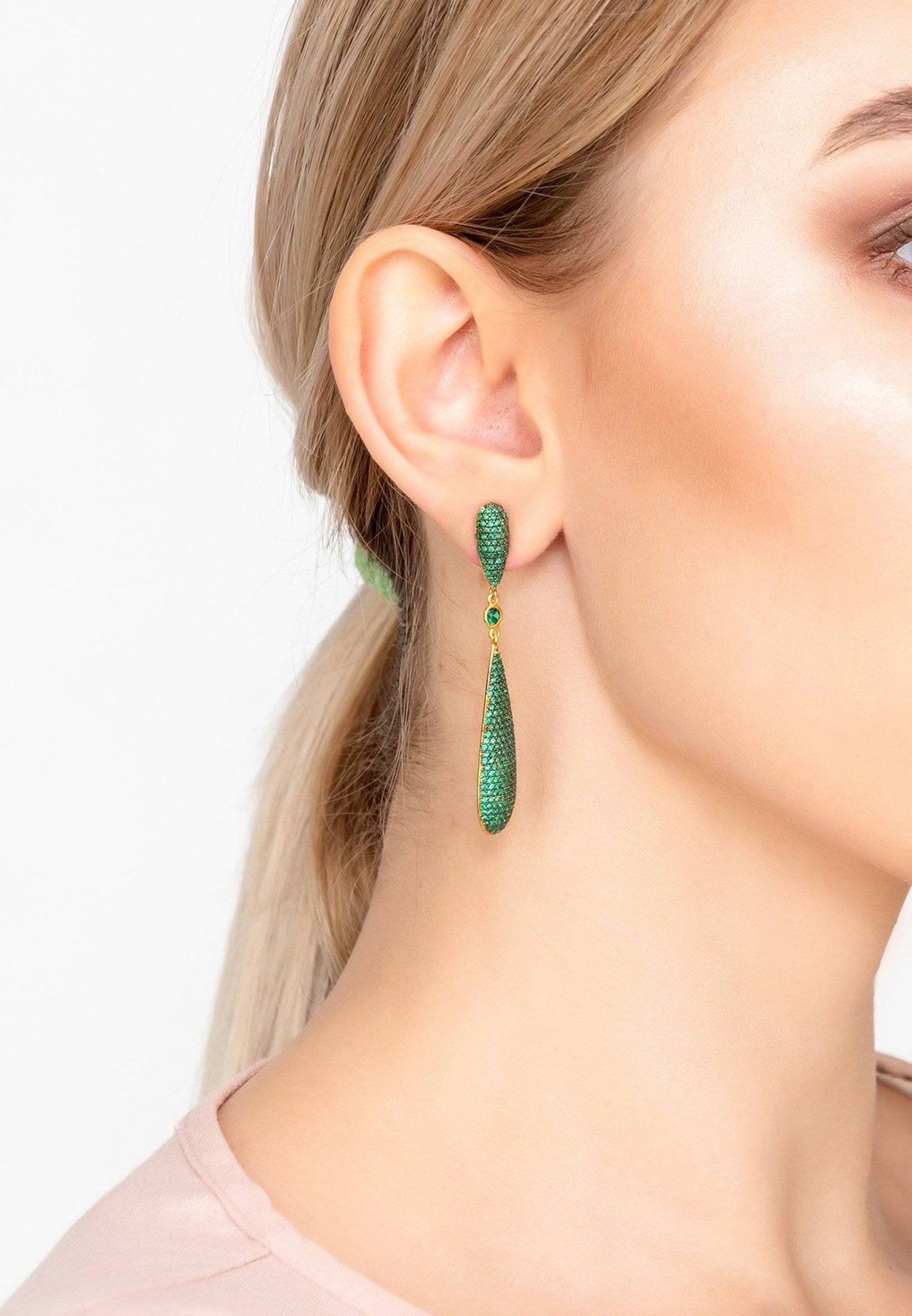 Latelita Long Drop Earrings featuring emerald green cubic zirconia stones, handcrafted with 925 sterling silver and 22ct gold plating.