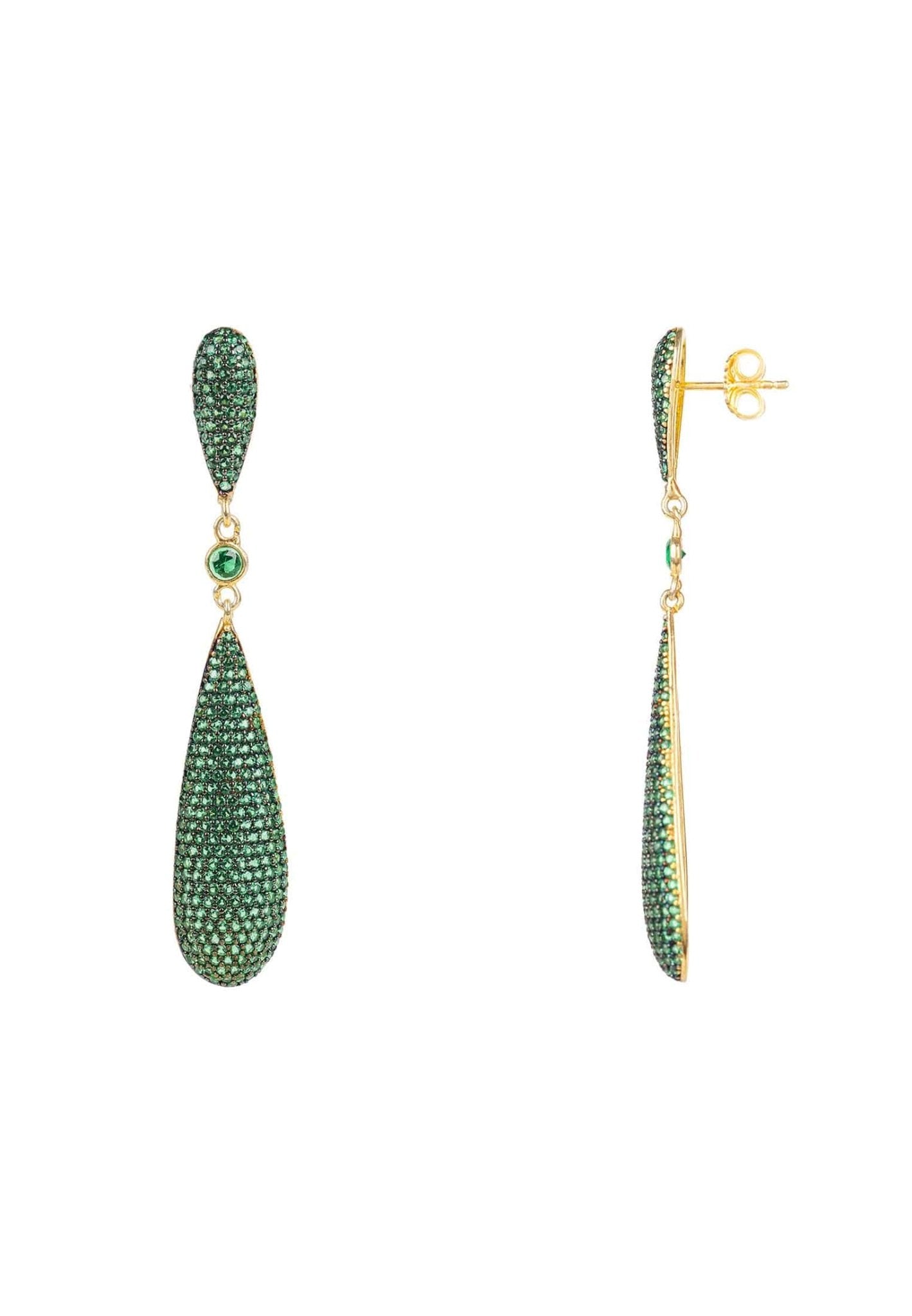 Latelita Long Drop Earrings featuring emerald green cubic zirconia stones, handcrafted with 925 sterling silver and 22ct gold plating.