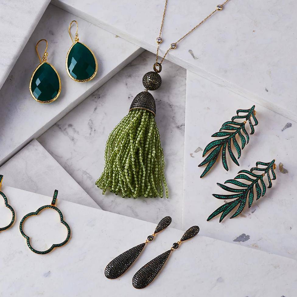 Latelita Long Drop Earrings featuring emerald green cubic zirconia stones, handcrafted with 925 sterling silver and 22ct gold plating.