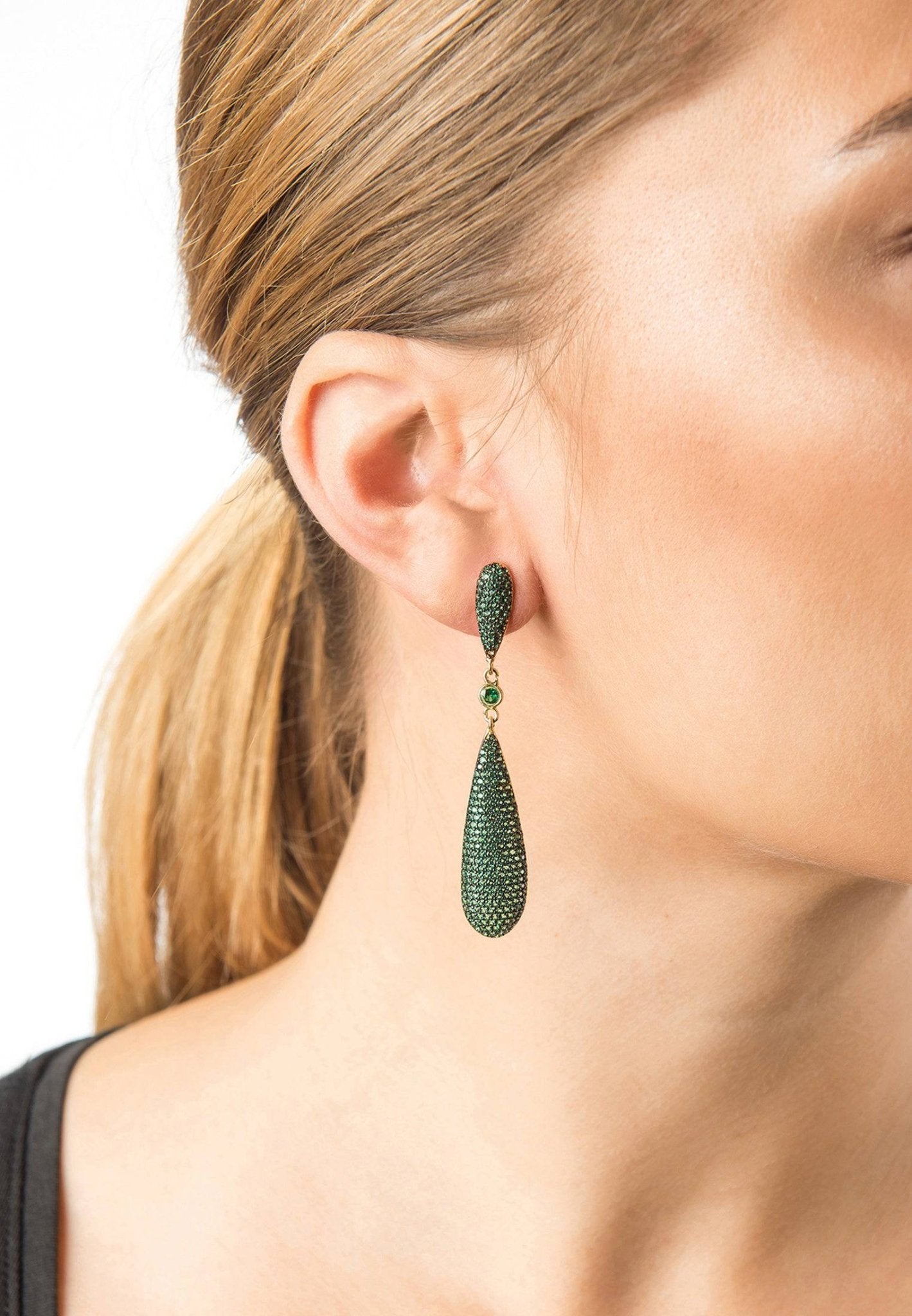 Latelita Long Drop Earrings featuring emerald green cubic zirconia stones, handcrafted with 925 sterling silver and 22ct gold plating.