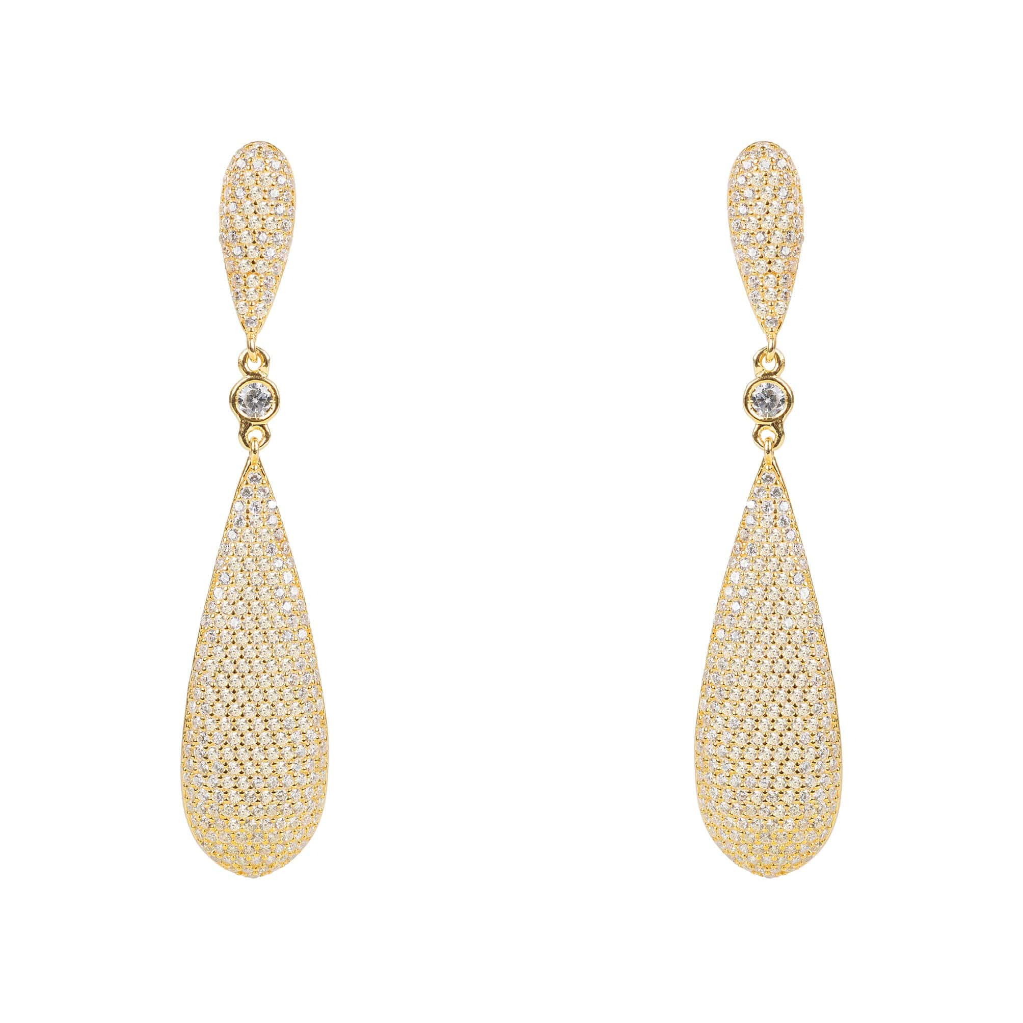 Latelita Long Drop Earrings Gold featuring elongated drop design with sparkling white zirconia stones, handcrafted in 925 sterling silver.