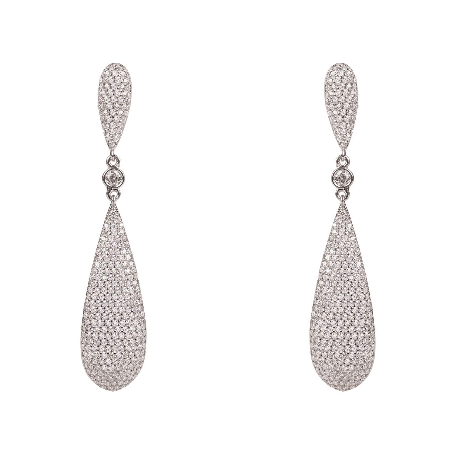 Latelita Long Drop Earrings in Silver with sparkling white zirconia stones, elegantly designed for special occasions.