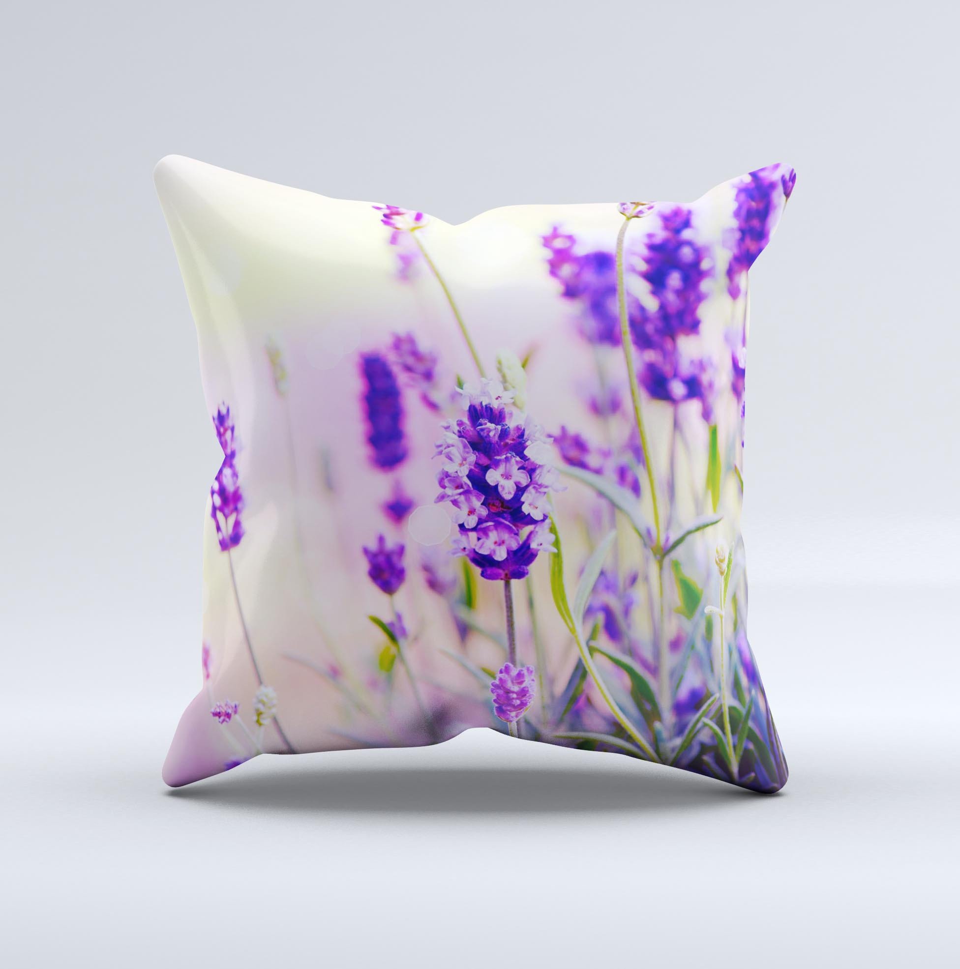 Lavender Flower Bed ink-Fuzed Decorative Throw Pillow showcasing vibrant lavender design on a soft fabric, perfect for home decor.