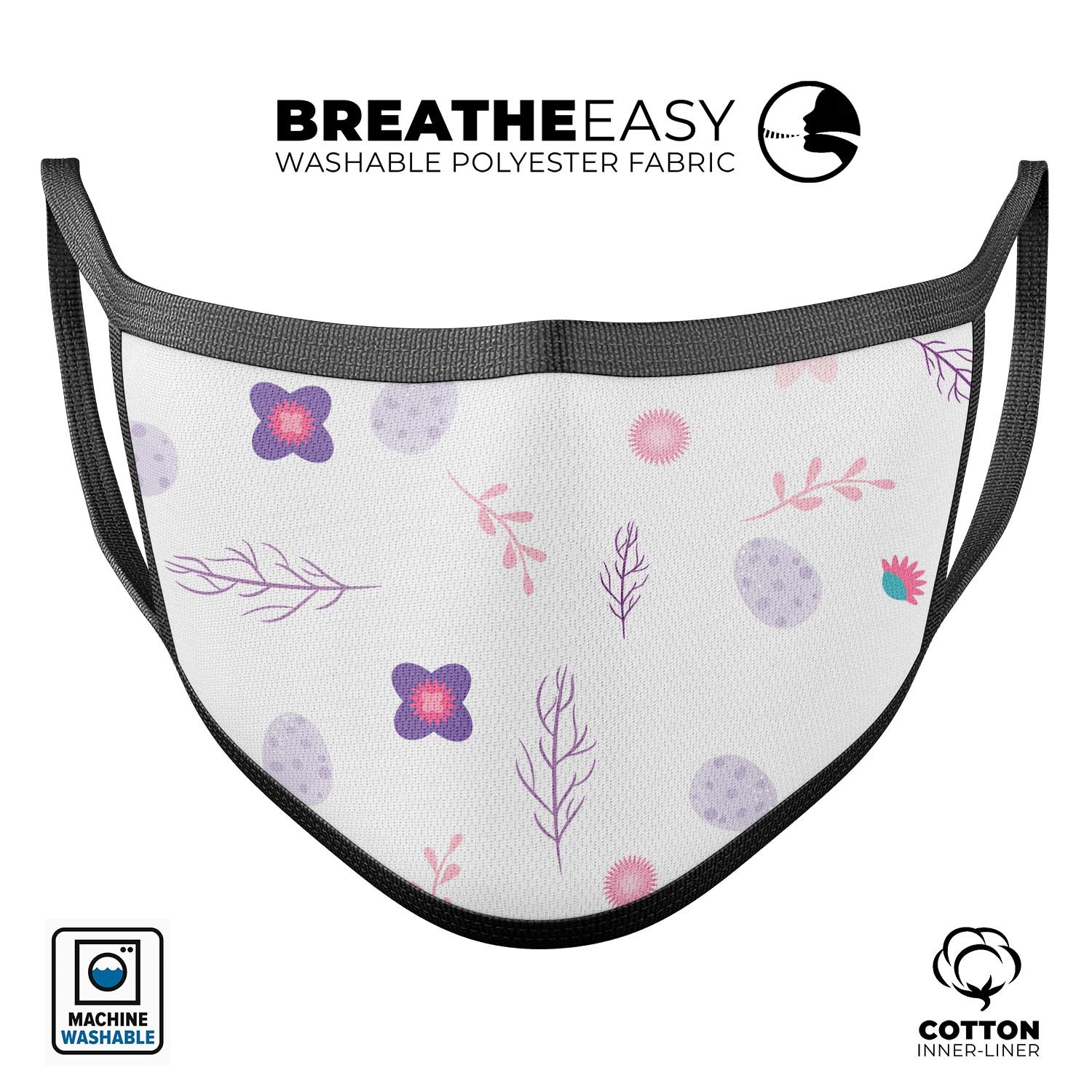Lavender Twigs and Pink Little Flowers mouth cover, showcasing vibrant colors and a comfortable design, made in the USA.