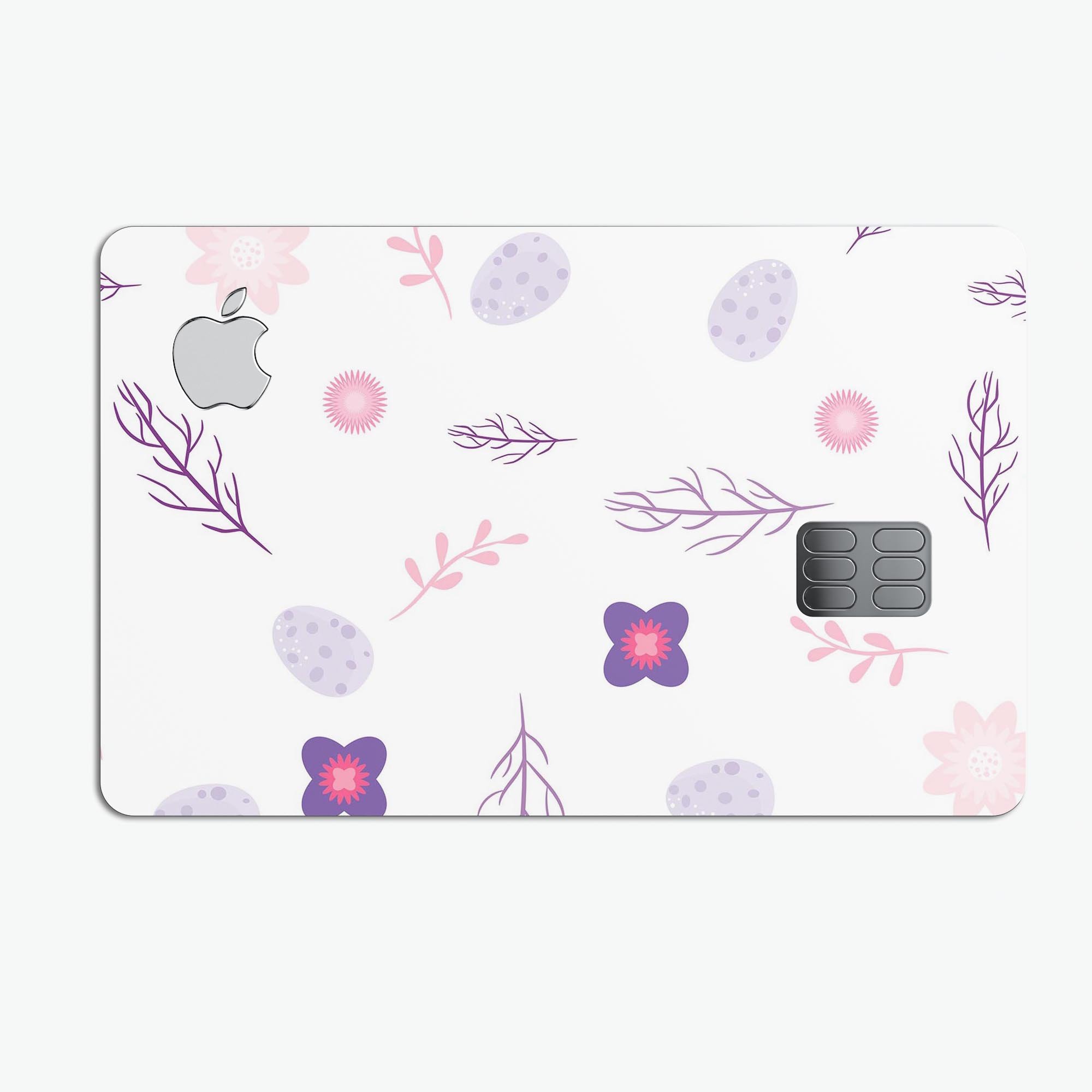 Lavender Twigs and Pink Little Flowers decal on an Apple Card, showcasing its vibrant design and protective features.