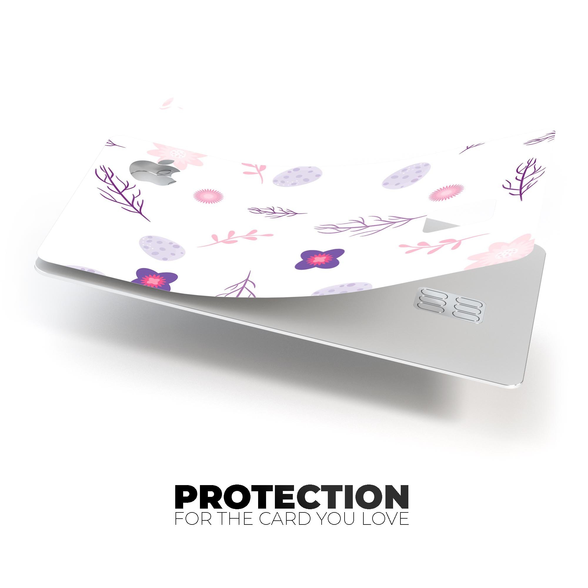 Lavender Twigs and Pink Little Flowers decal on an Apple Card, showcasing its vibrant design and protective features.