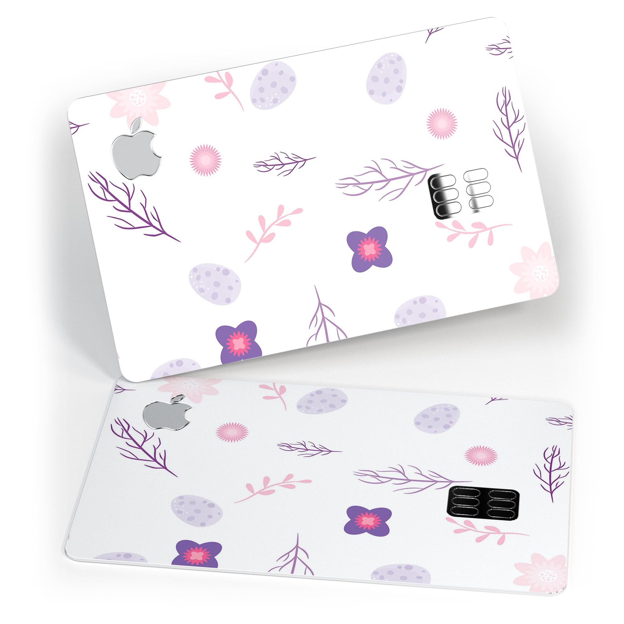 Lavender Twigs and Pink Little Flowers decal on an Apple Card, showcasing its vibrant design and protective features.
