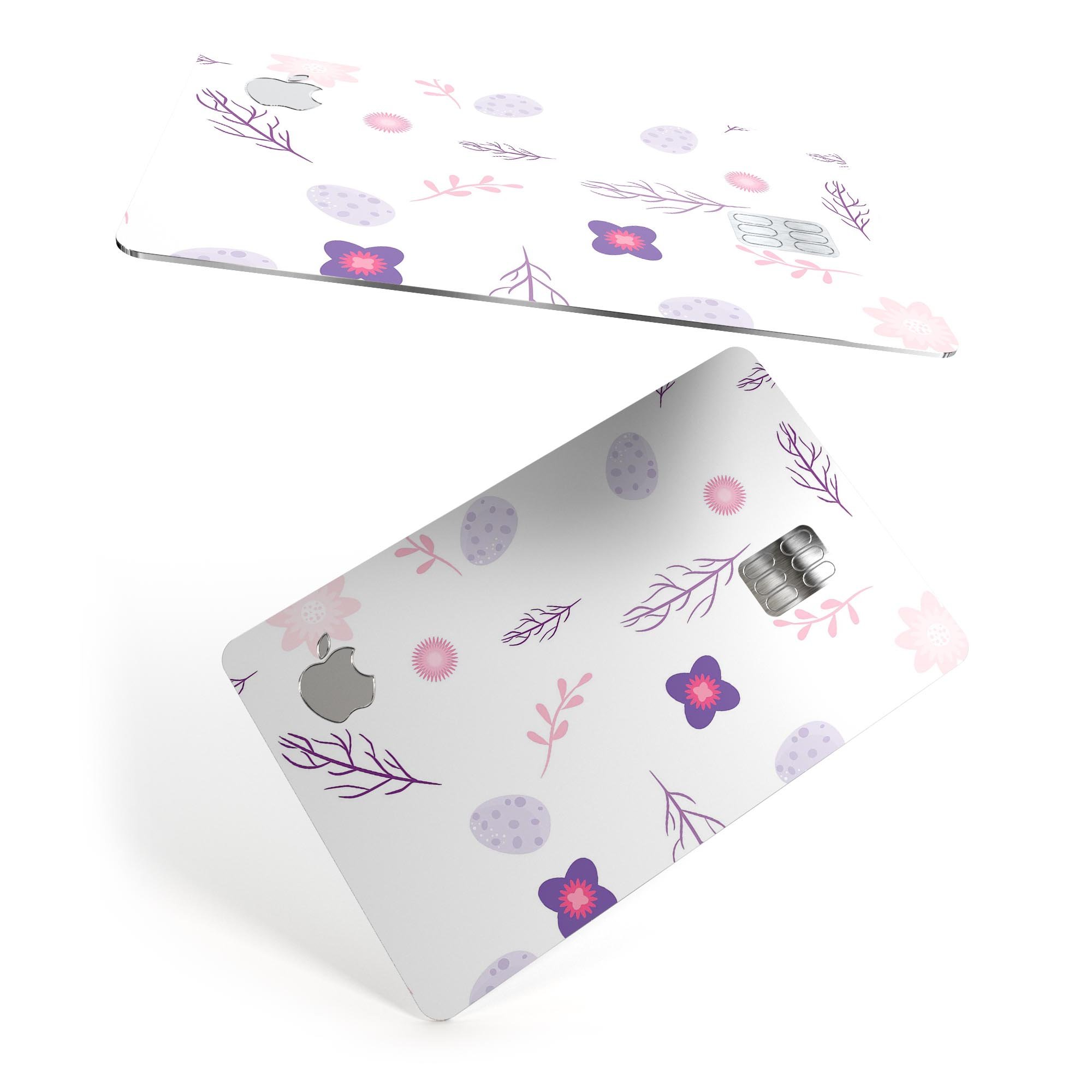 Lavender Twigs and Pink Little Flowers decal on an Apple Card, showcasing its vibrant design and protective features.