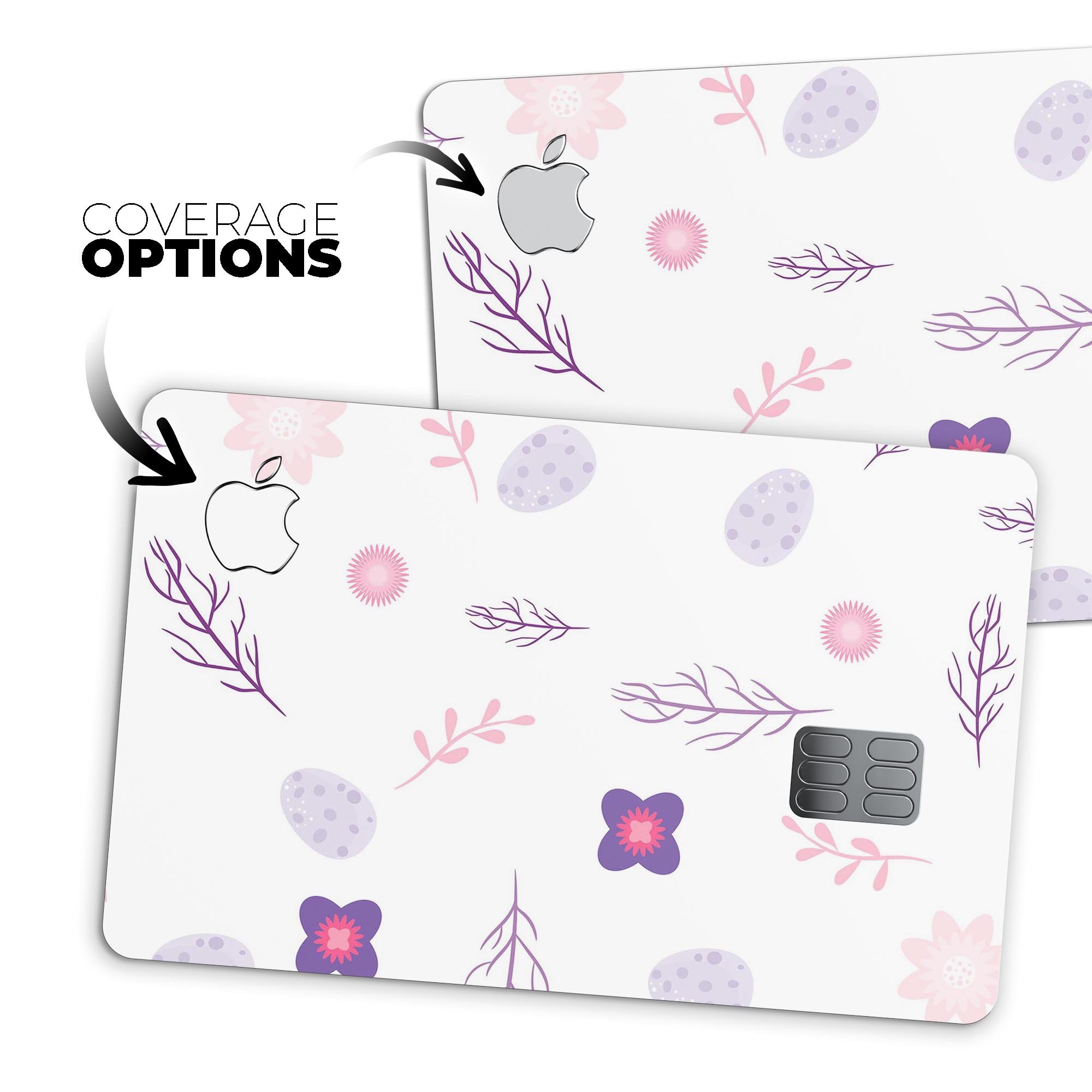 Lavender Twigs and Pink Little Flowers decal on an Apple Card, showcasing its vibrant design and protective features.