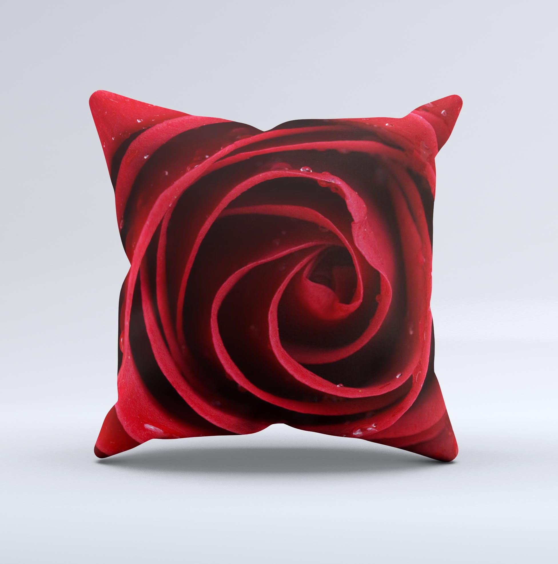 Layered Red Rose Ink-Fuzed Decorative Throw Pillow showcasing vibrant red rose design on a soft fabric, handcrafted in Virginia.