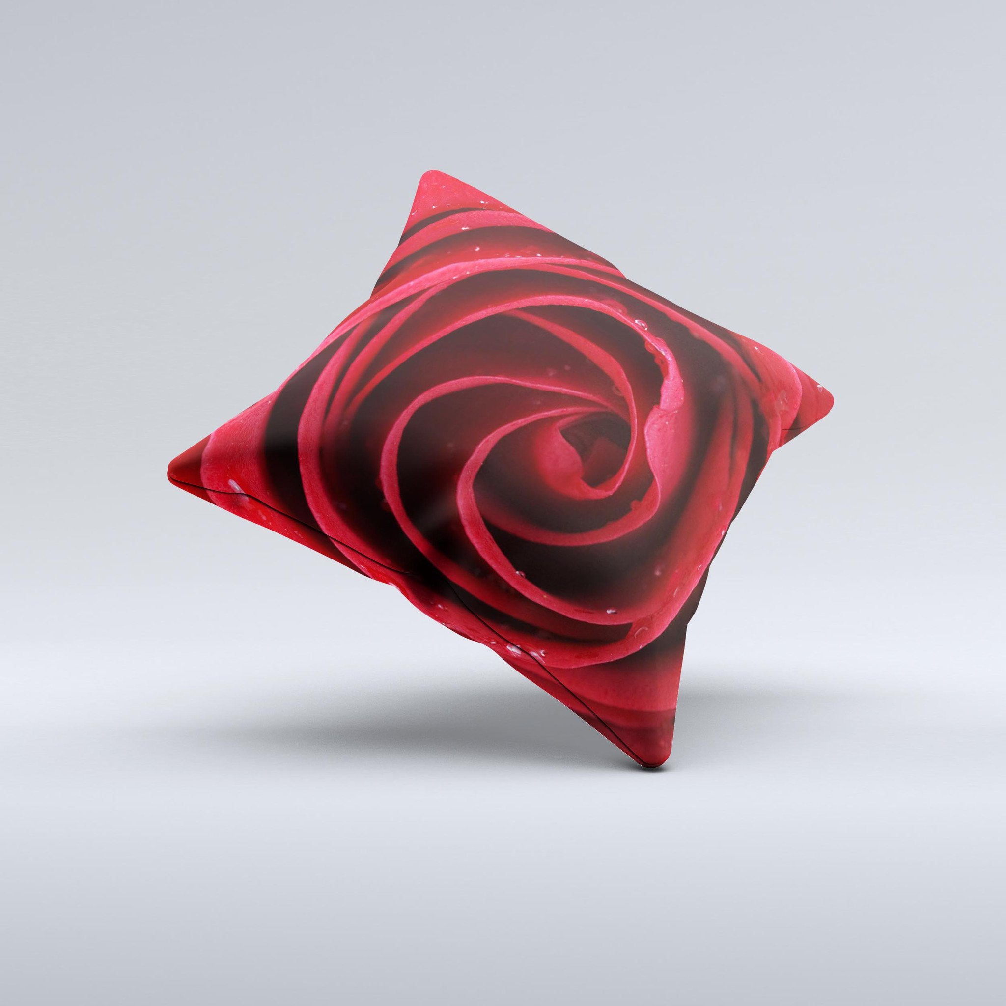 Layered Red Rose Ink-Fuzed Decorative Throw Pillow showcasing vibrant red rose design on a soft fabric, handcrafted in Virginia.