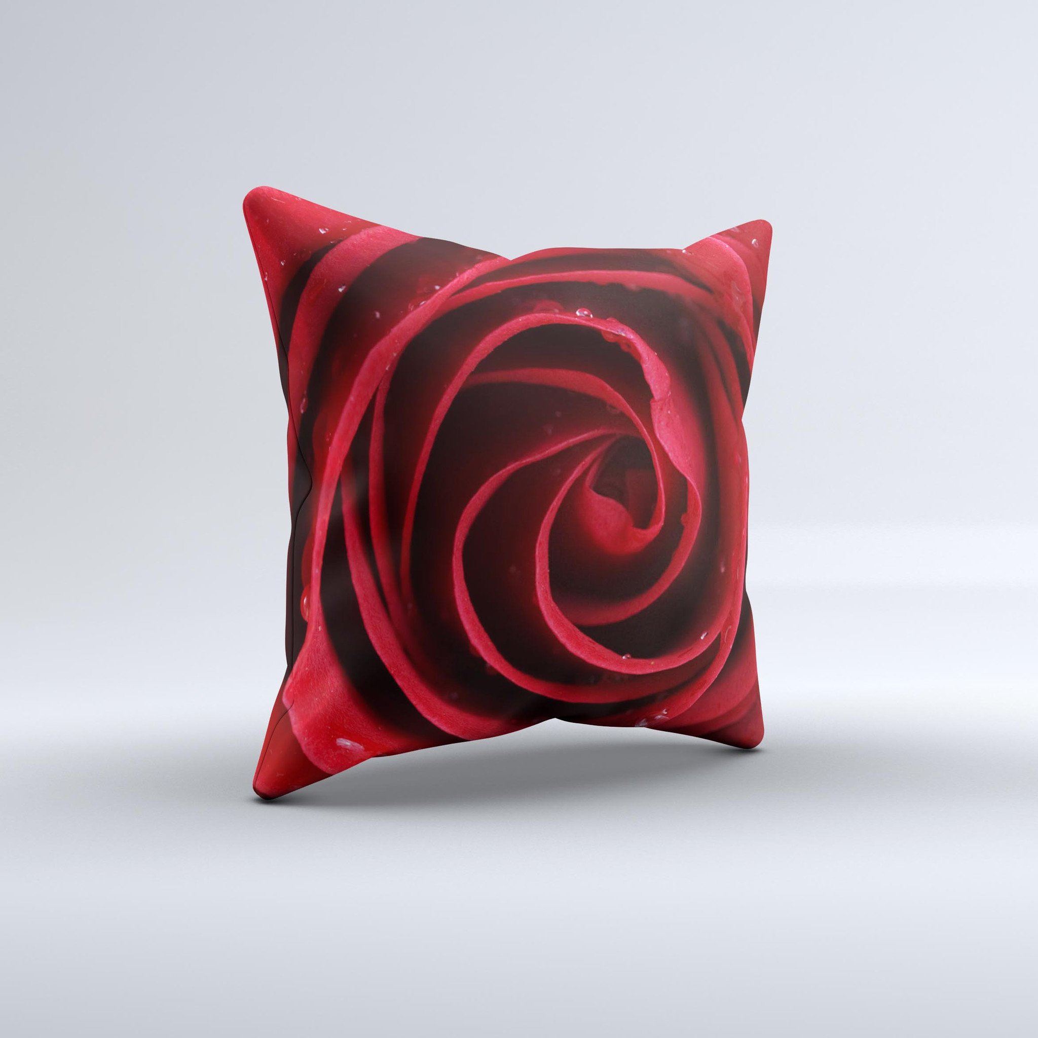 Layered Red Rose Ink-Fuzed Decorative Throw Pillow showcasing vibrant red rose design on a soft fabric, handcrafted in Virginia.