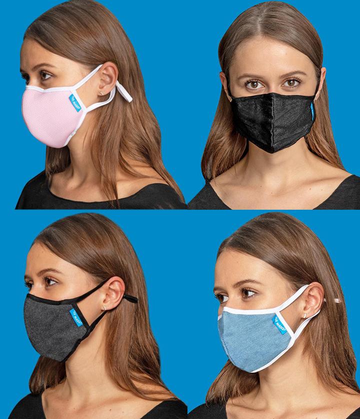 Le Masq 4-Pack featuring lightweight, breathable canvas face masks with adjustable ear toggles and a removable inner layer for added comfort.