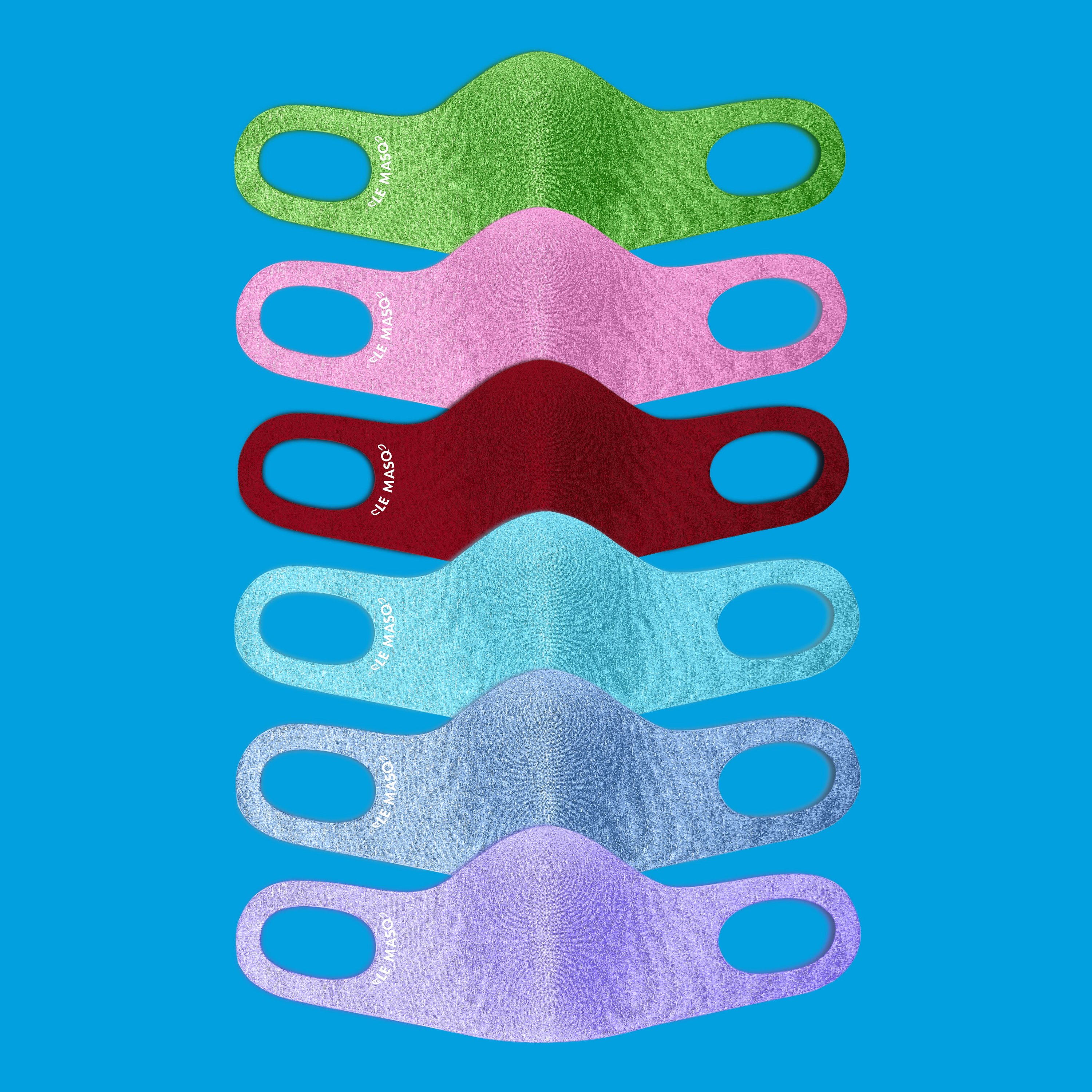 A vibrant collection of LE MASQ Six Paq masks in Crimson, Lime Green, Rosa, Light Blue, and Teal, showcasing their stylish design and comfortable fit.