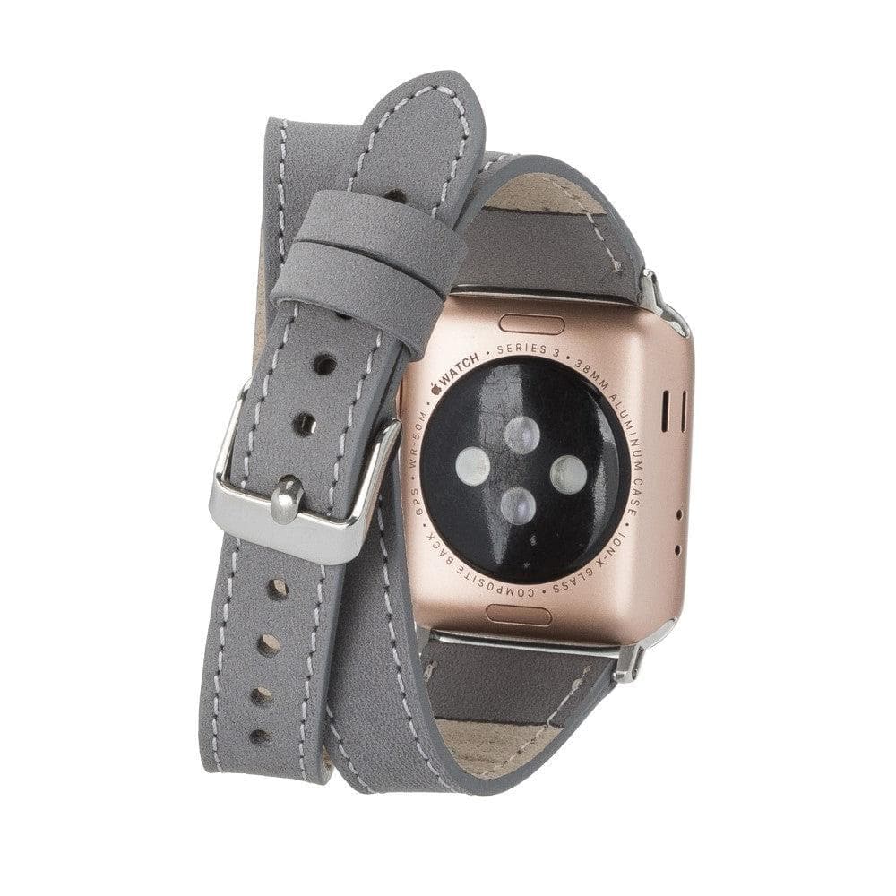 Leeds Double Tour Slim Apple Watch Leather Strap in premium full-grain leather with stainless steel buckle, showcasing its elegant design.