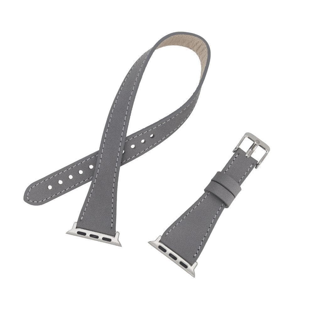 Leeds Double Tour Slim Apple Watch Leather Strap in premium full-grain leather with stainless steel buckle, showcasing its elegant design.