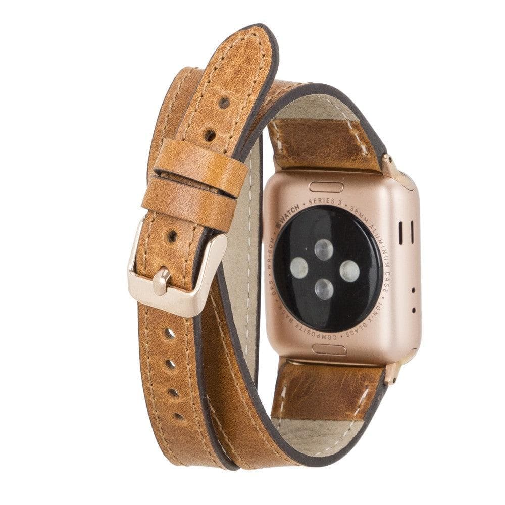 Leeds Double Tour Slim Apple Watch Leather Strap in premium full-grain leather with stainless steel buckle, showcasing its elegant design.