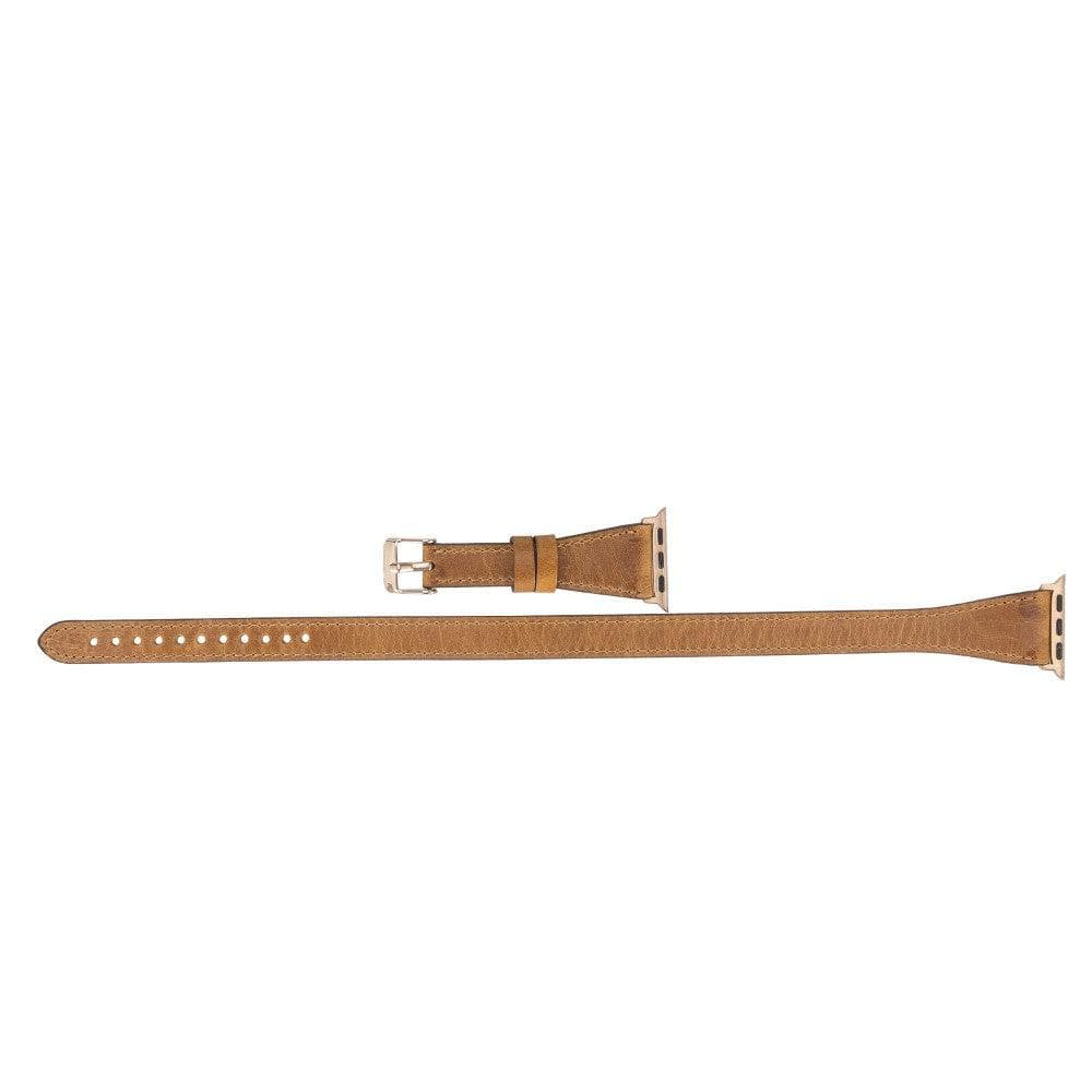 Leeds Double Tour Slim Apple Watch Leather Strap in premium full-grain leather with stainless steel buckle, showcasing its elegant design.