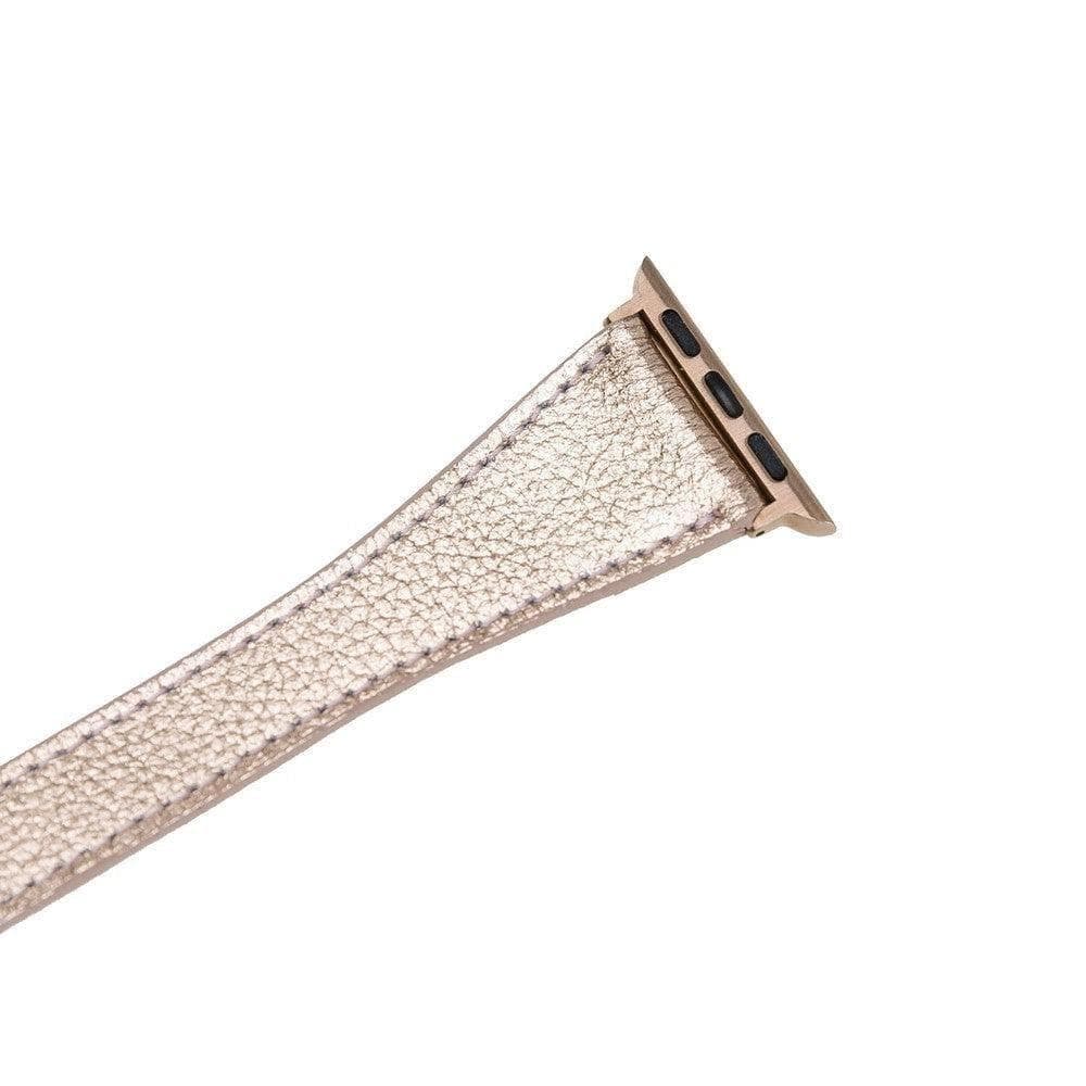 Leeds Double Tour Slim Apple Watch Leather Strap in premium full-grain leather with stainless steel buckle, showcasing its elegant design.