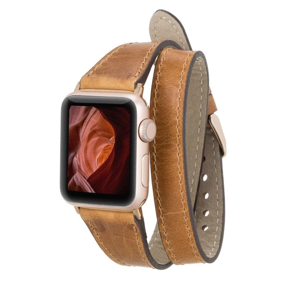 Leeds Double Tour Slim Apple Watch Leather Strap in premium full-grain leather with stainless steel buckle, showcasing its elegant design.