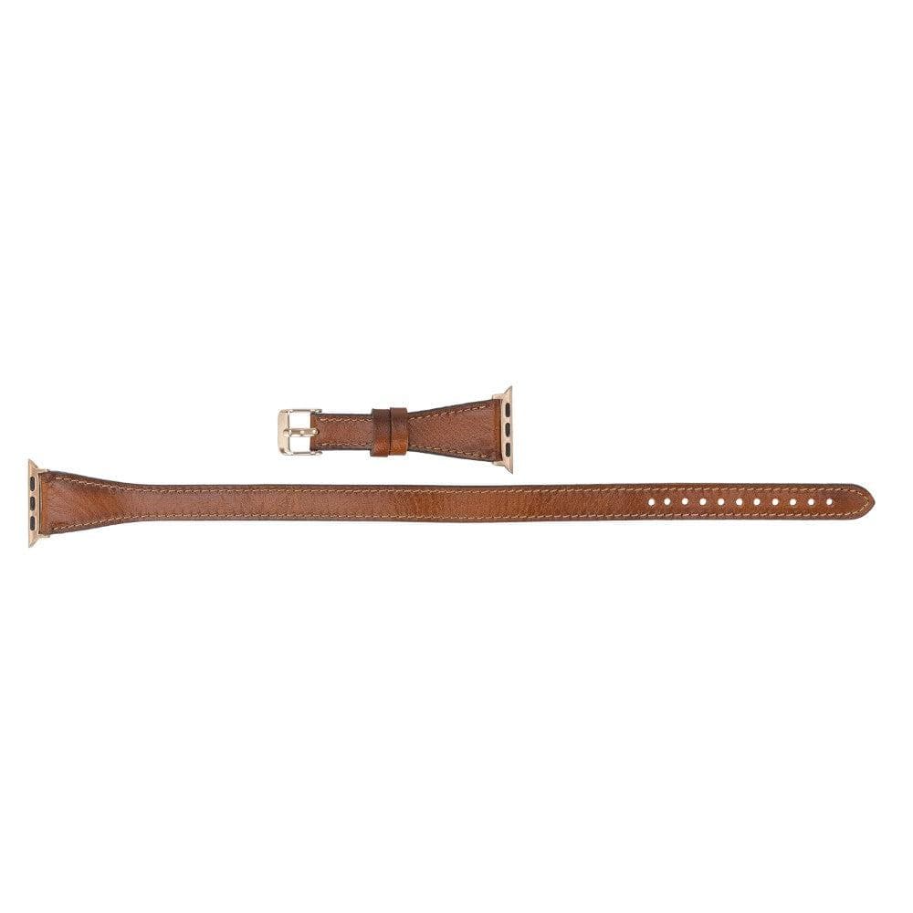 Leeds Double Tour Slim Apple Watch Leather Strap in premium full-grain leather with stainless steel buckle, showcasing its elegant design.