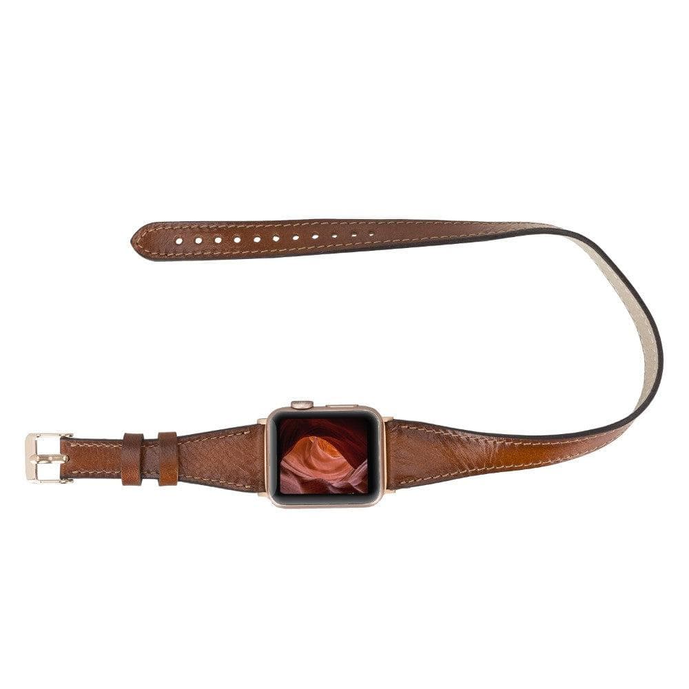 Leeds Double Tour Slim Apple Watch Leather Strap in premium full-grain leather with stainless steel buckle, showcasing its elegant design.