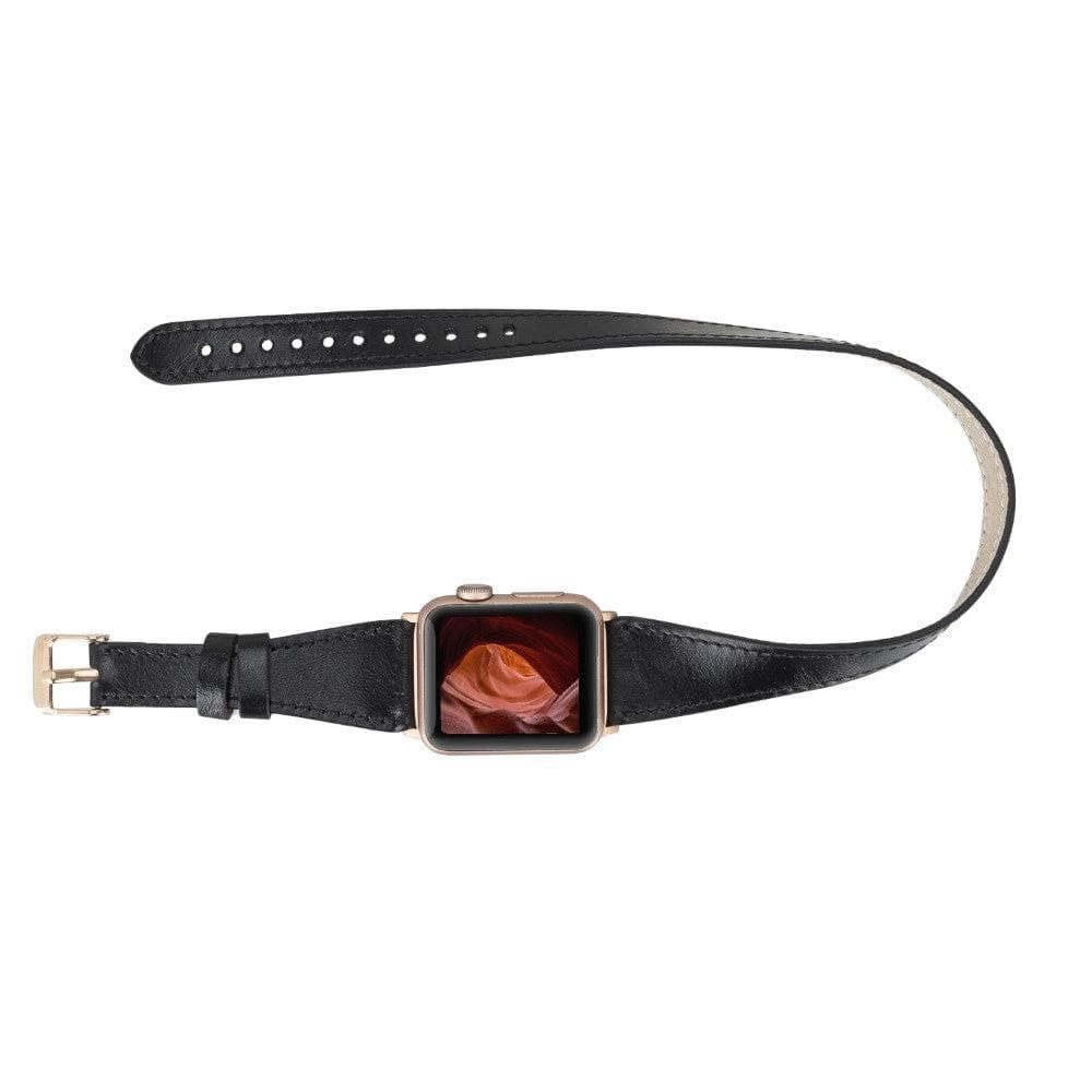 Leeds Double Tour Slim Apple Watch Leather Strap in premium full-grain leather with stainless steel buckle, showcasing its elegant design.