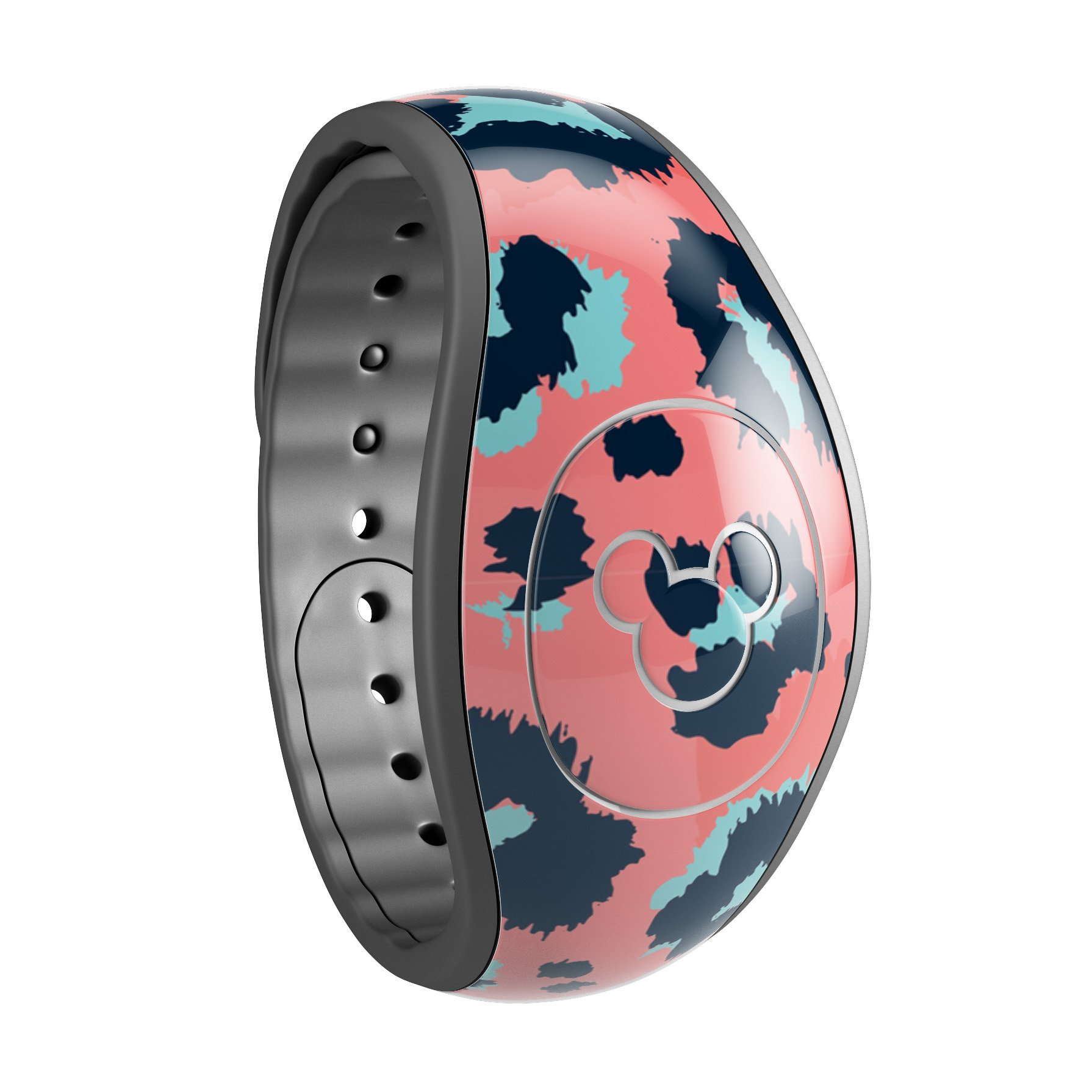Leopard Coral and Teal V23 skin decal wrap kit for Disney Magic Band, showcasing vibrant colors and a sleek design.