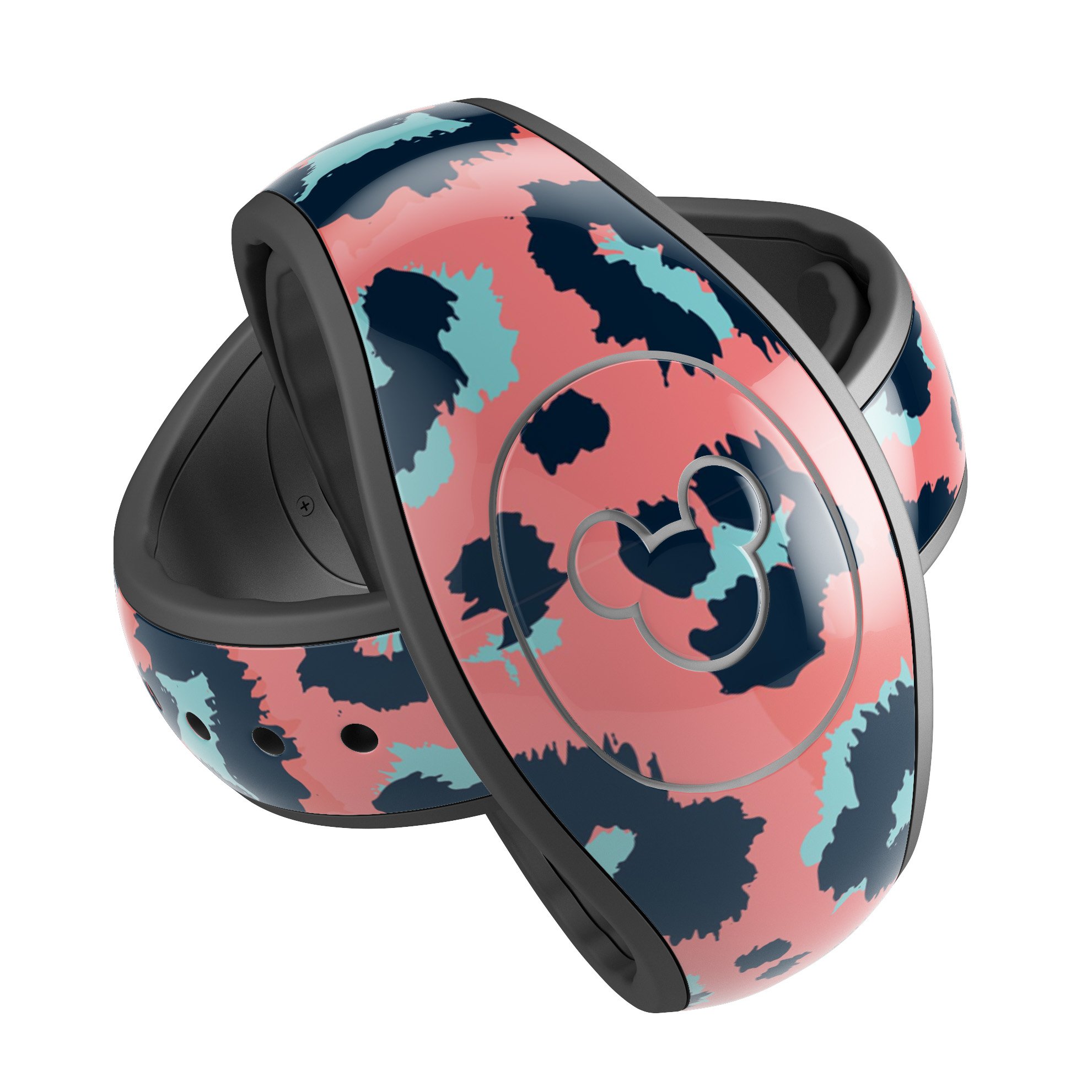 Leopard Coral and Teal V23 skin decal wrap kit for Disney Magic Band, showcasing vibrant colors and a sleek design.