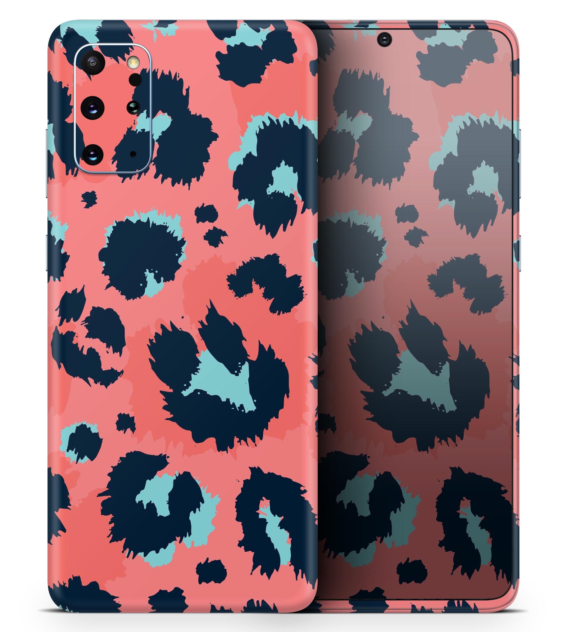 Leopard Coral and Teal V23 skin decal wrap kit for Samsung Galaxy, showcasing vibrant colors and a sleek design.